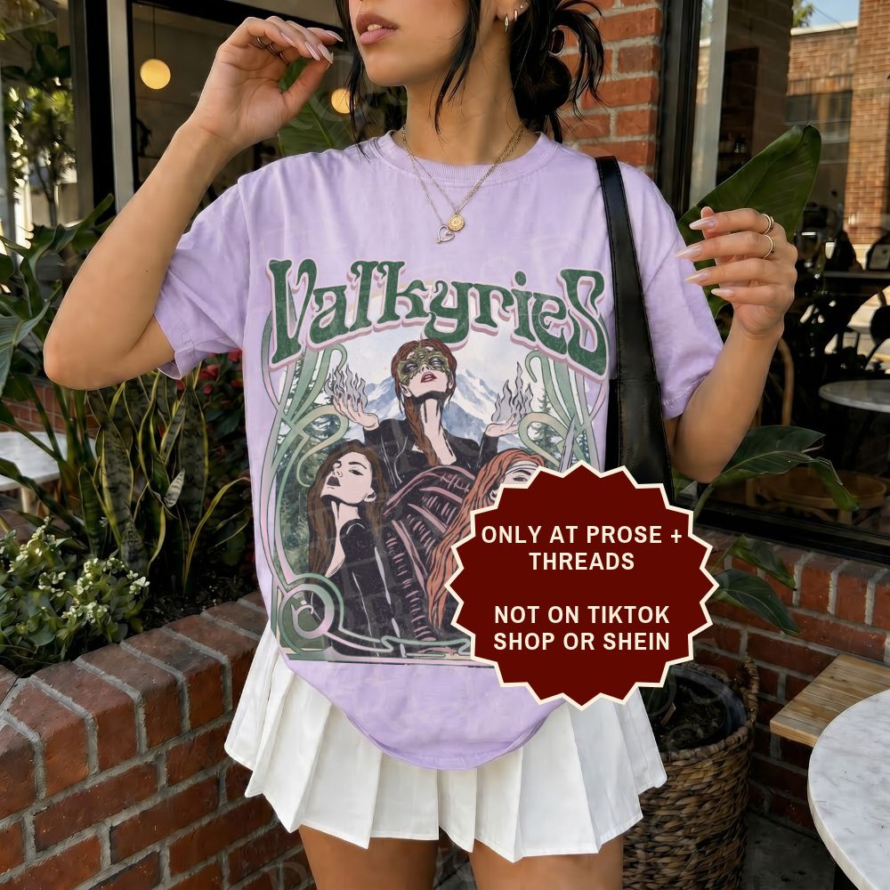 Valkyries sweatshirt with vintage ACOTAR inspired artwork featuring three female warriors surrounded by green botanical details