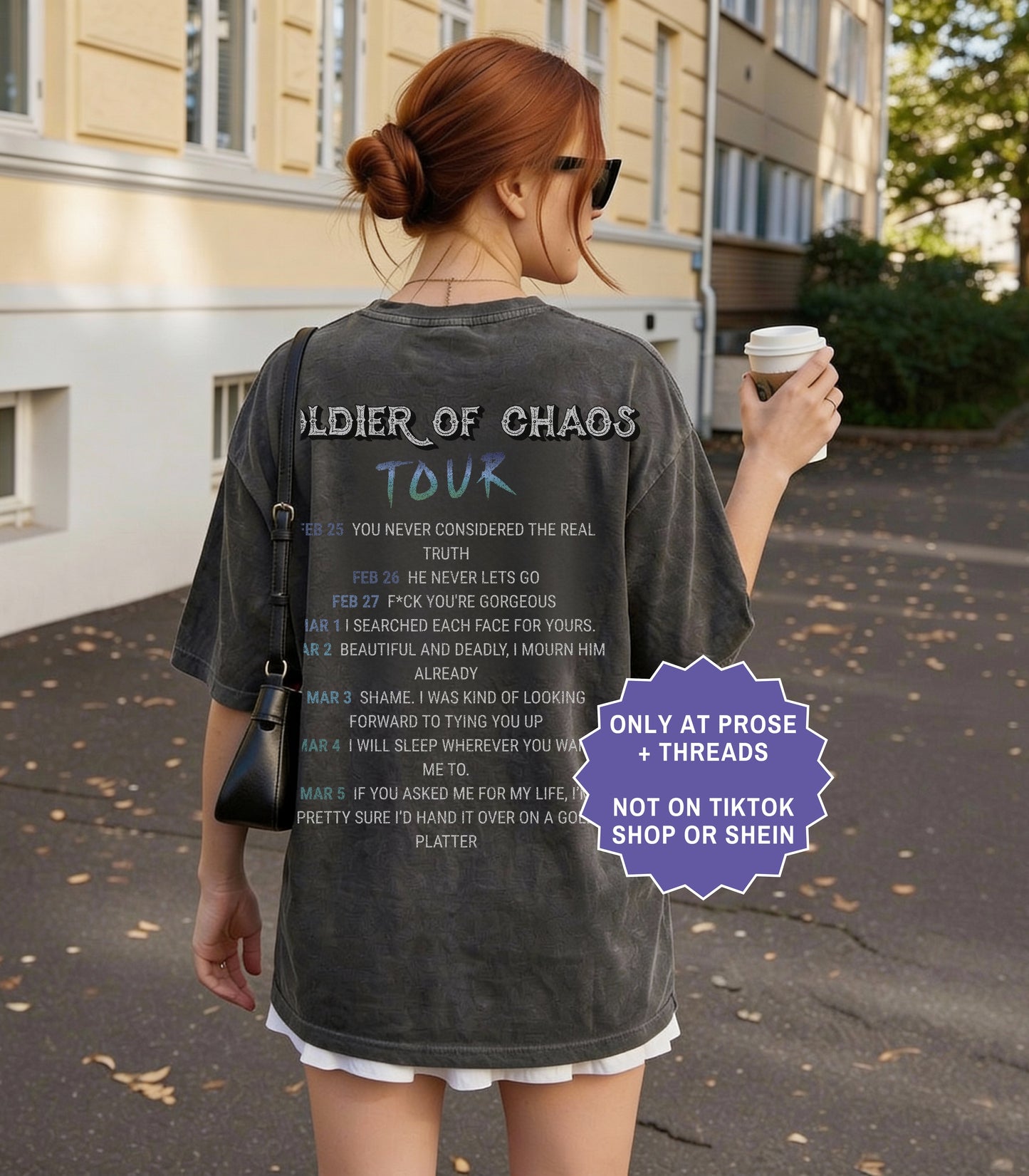Acker Soldier of Chaos tour shirt front and back mockup inspired by Metal Slinger by Rachel Schneider on oversized black fantasy romance graphic tee