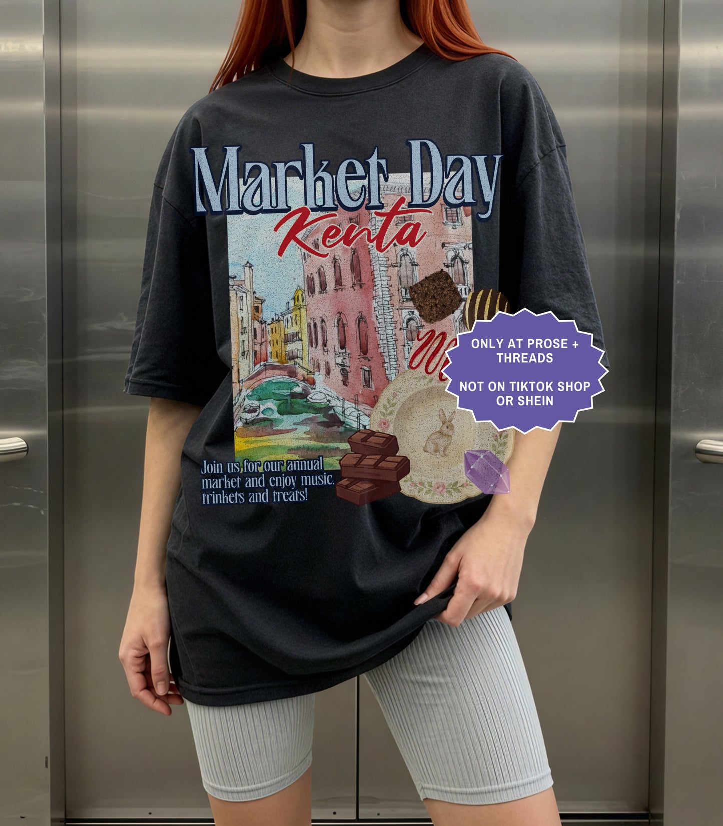 Fantasy romance Market Day shirt inspired by Metal Slinger featuring vintage postcard artwork with magical market aesthetic