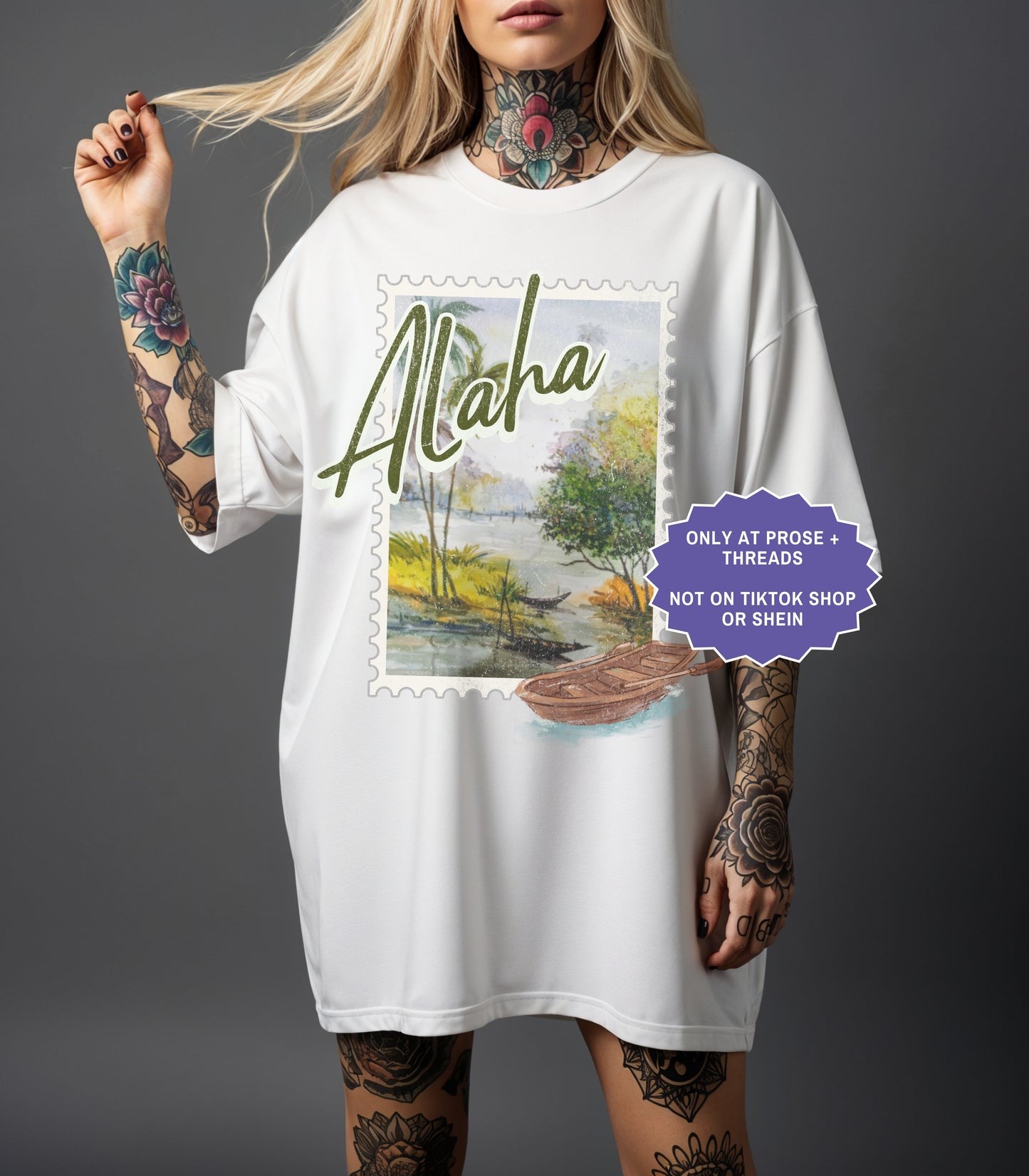 Vintage Alaha postcard fantasy romance shirt inspired by Metal Slinger by Rachel Schneider featuring scenic island artwork on oversized graphic tee