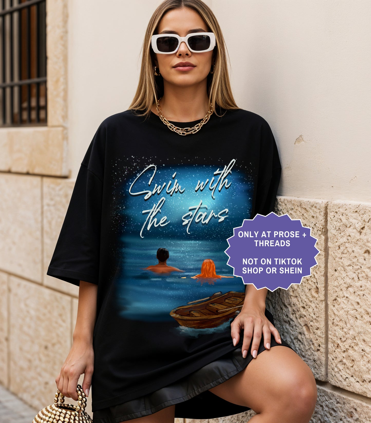 Fantasy romance shirt inspired by Metal Slinger featuring Brynn and Acker swimming beneath the stars with moonlit ocean artwork