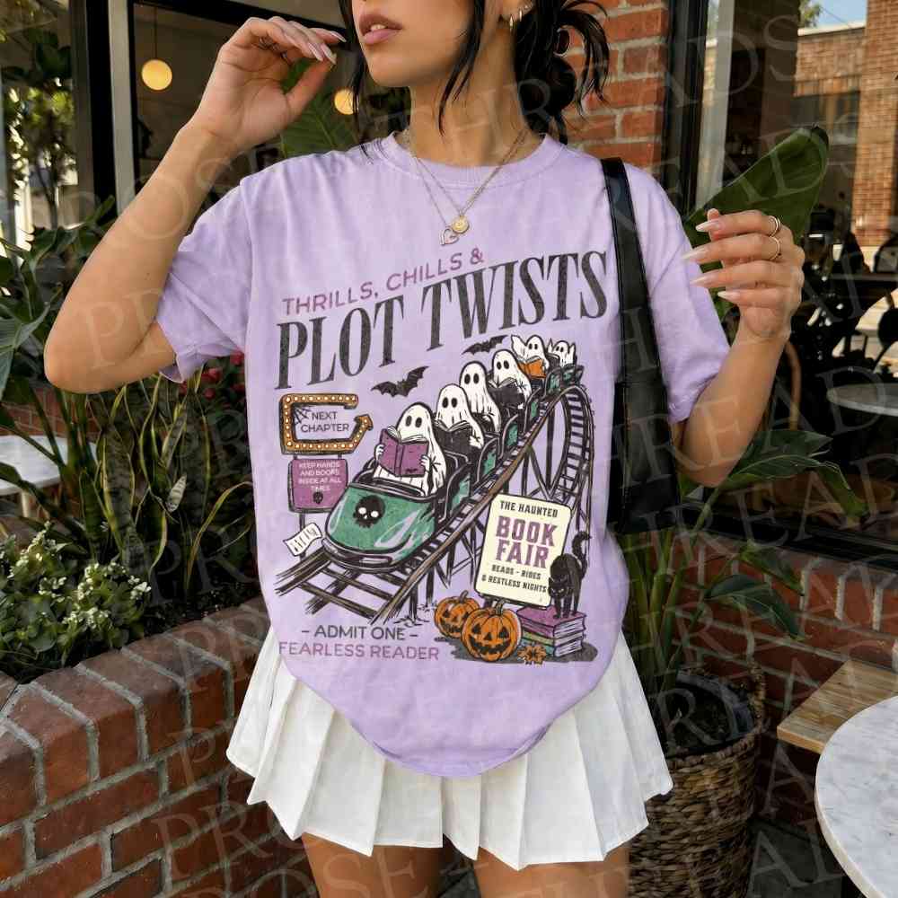 Halloween Book Shirts featuring a spooky Plot Twist graphic tee for readers