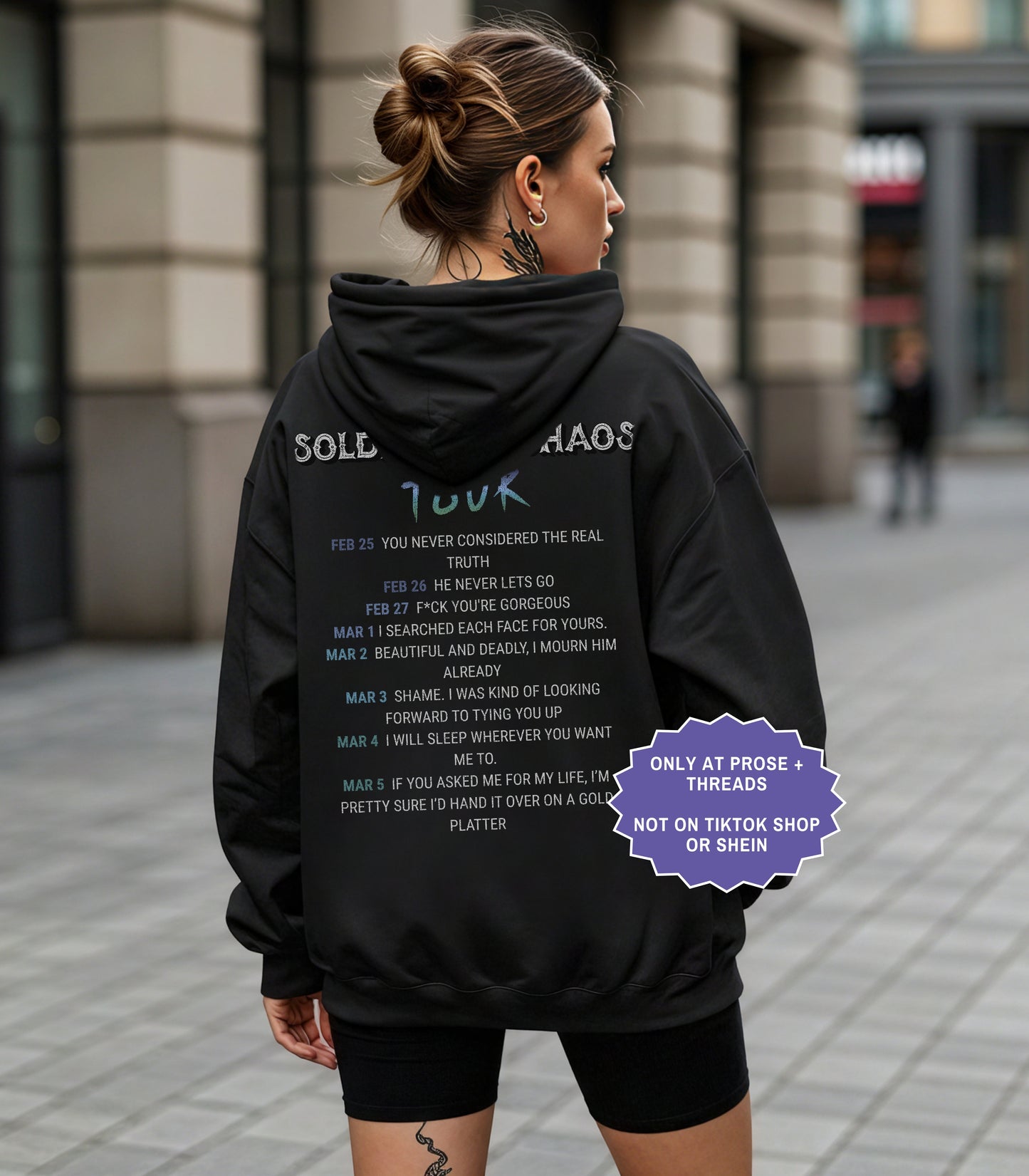 Woman wearing oversized Acker Soldier of Chaos hoodie inspired by Metal Slinger fantasy romance series