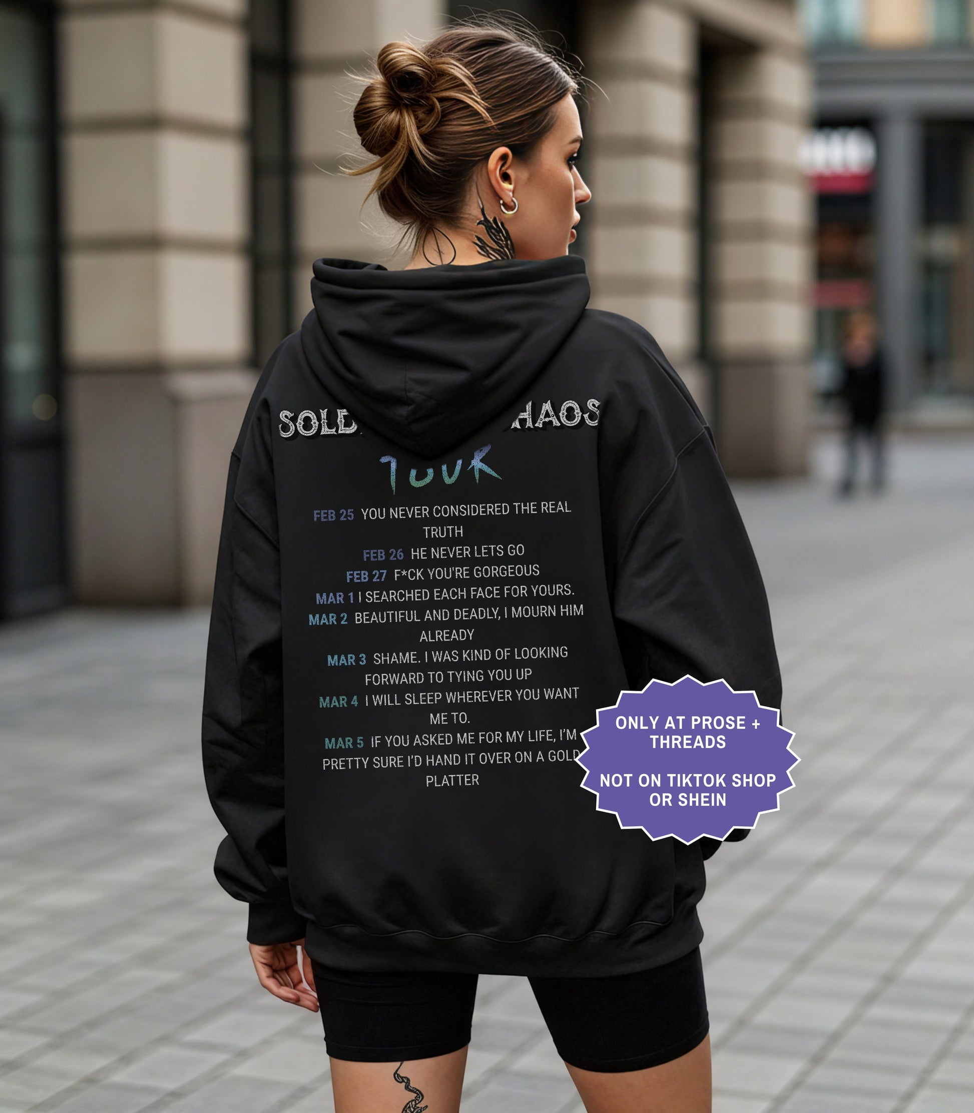 Woman wearing oversized Acker Soldier of Chaos hoodie inspired by Metal Slinger fantasy romance series