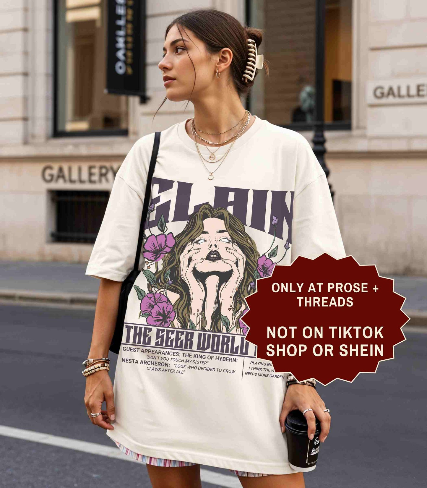 Elain The Seer World Tour ACOTAR graphic t-shirt with vintage concert style artwork on a white unisex tee