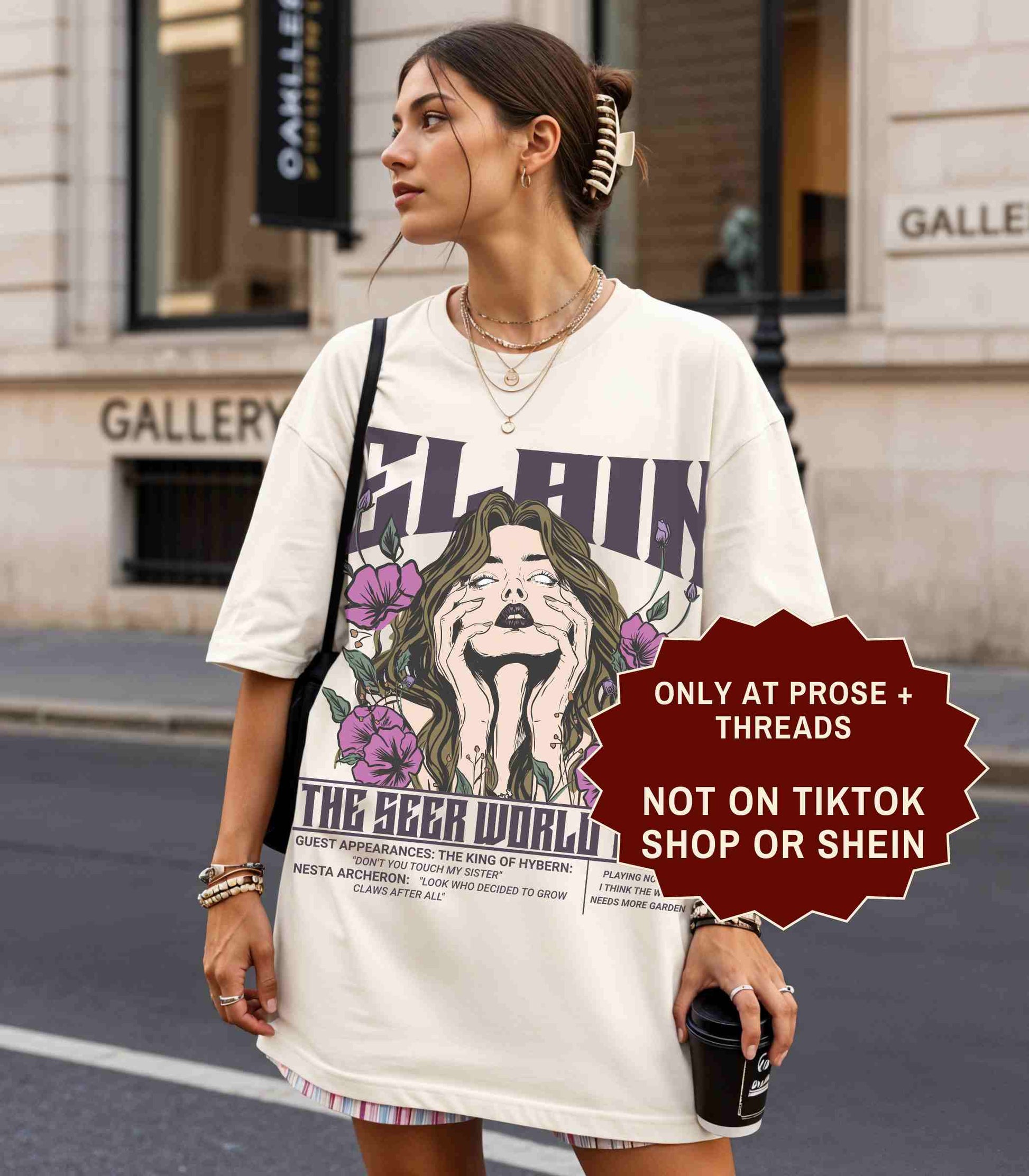 Elain The Seer World Tour ACOTAR graphic t-shirt with vintage concert style artwork on a white unisex tee