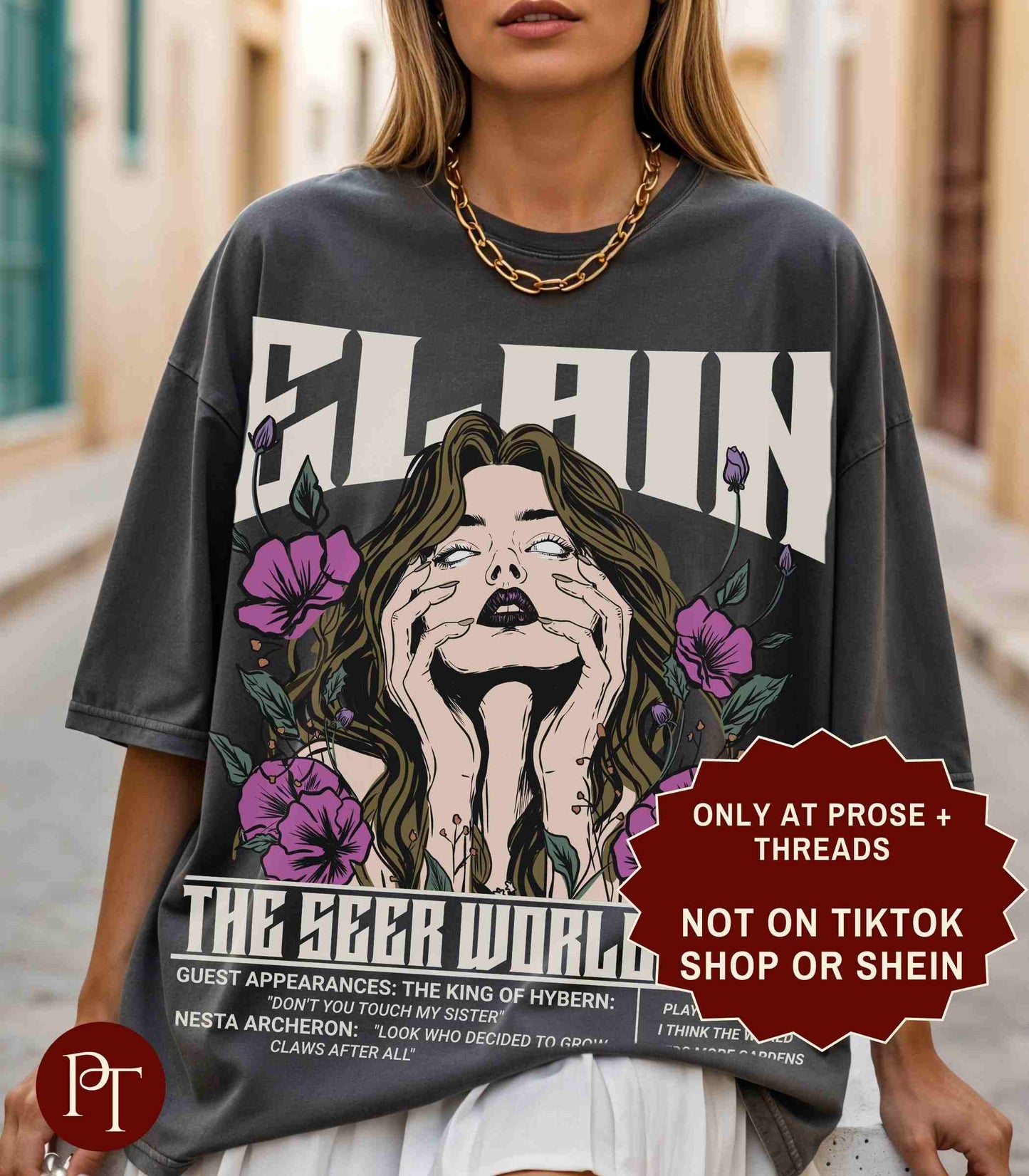 Elain The Seer World Tour ACOTAR graphic t-shirt with vintage concert style artwork on a white unisex tee