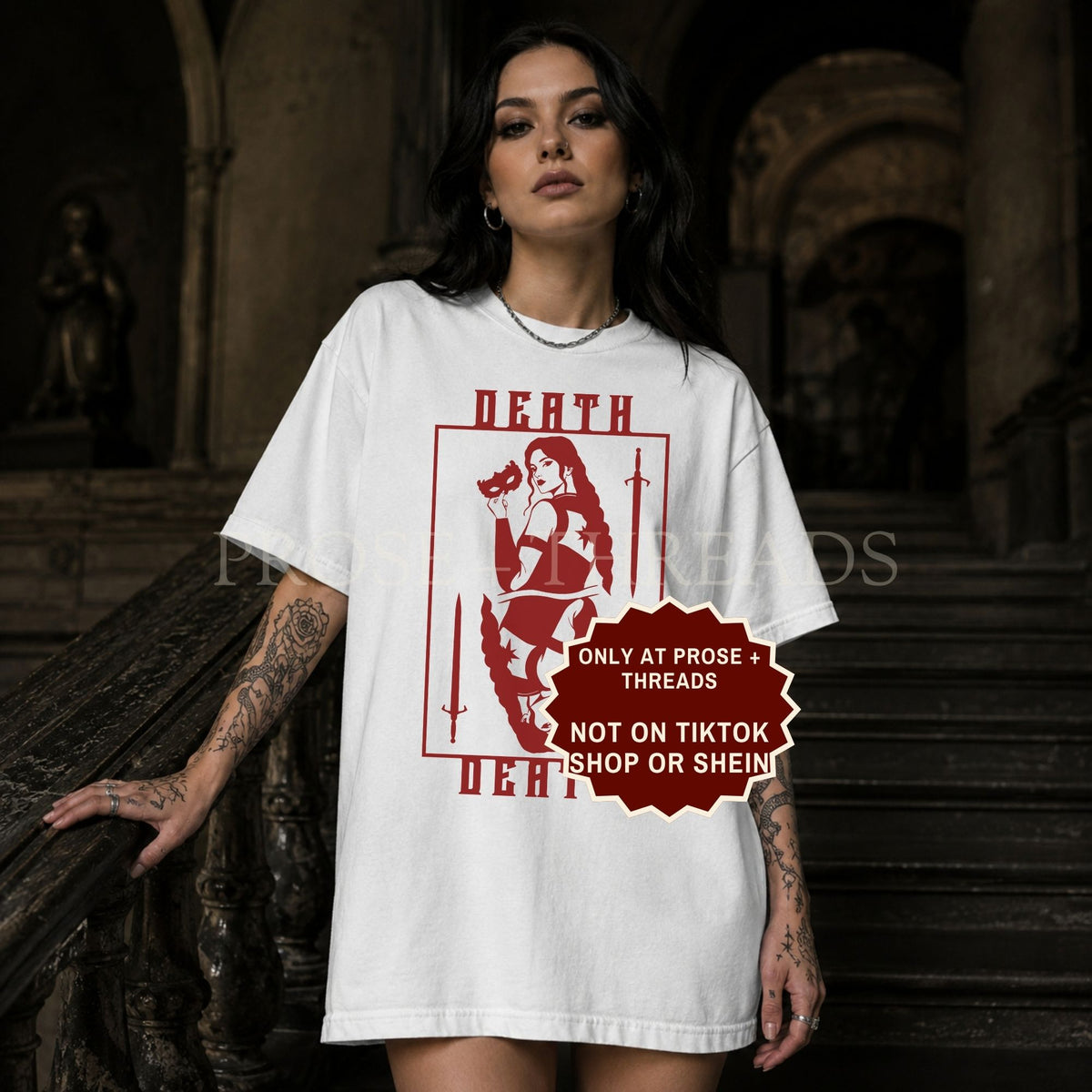 Nesta Archeron Death shirt, featuring a playing card design.