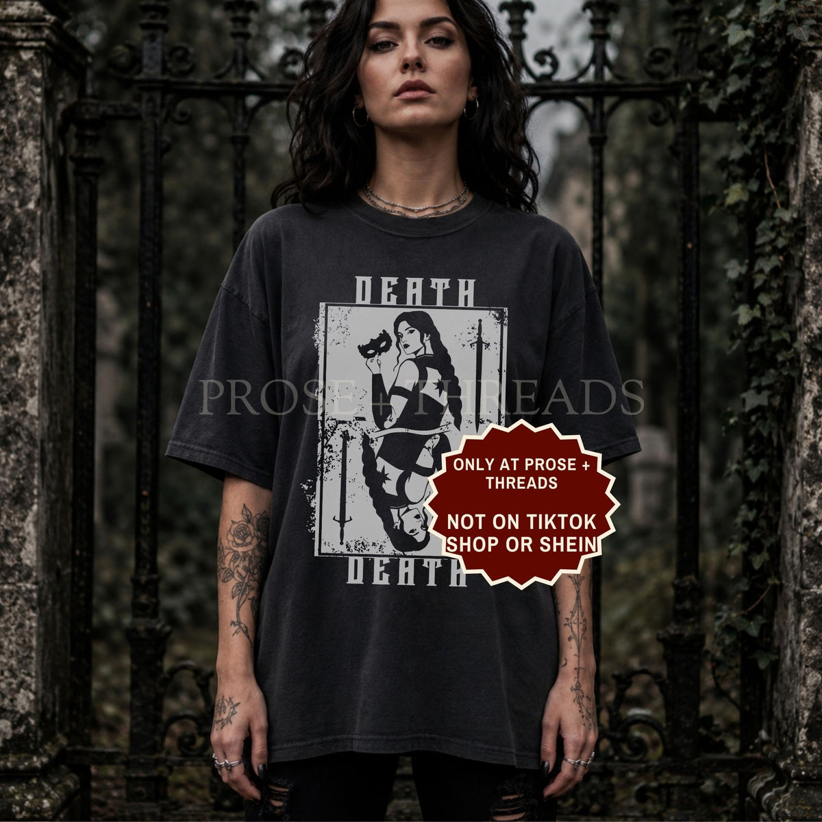 Nesta Archeron Death shirt, featuring a playing card design.