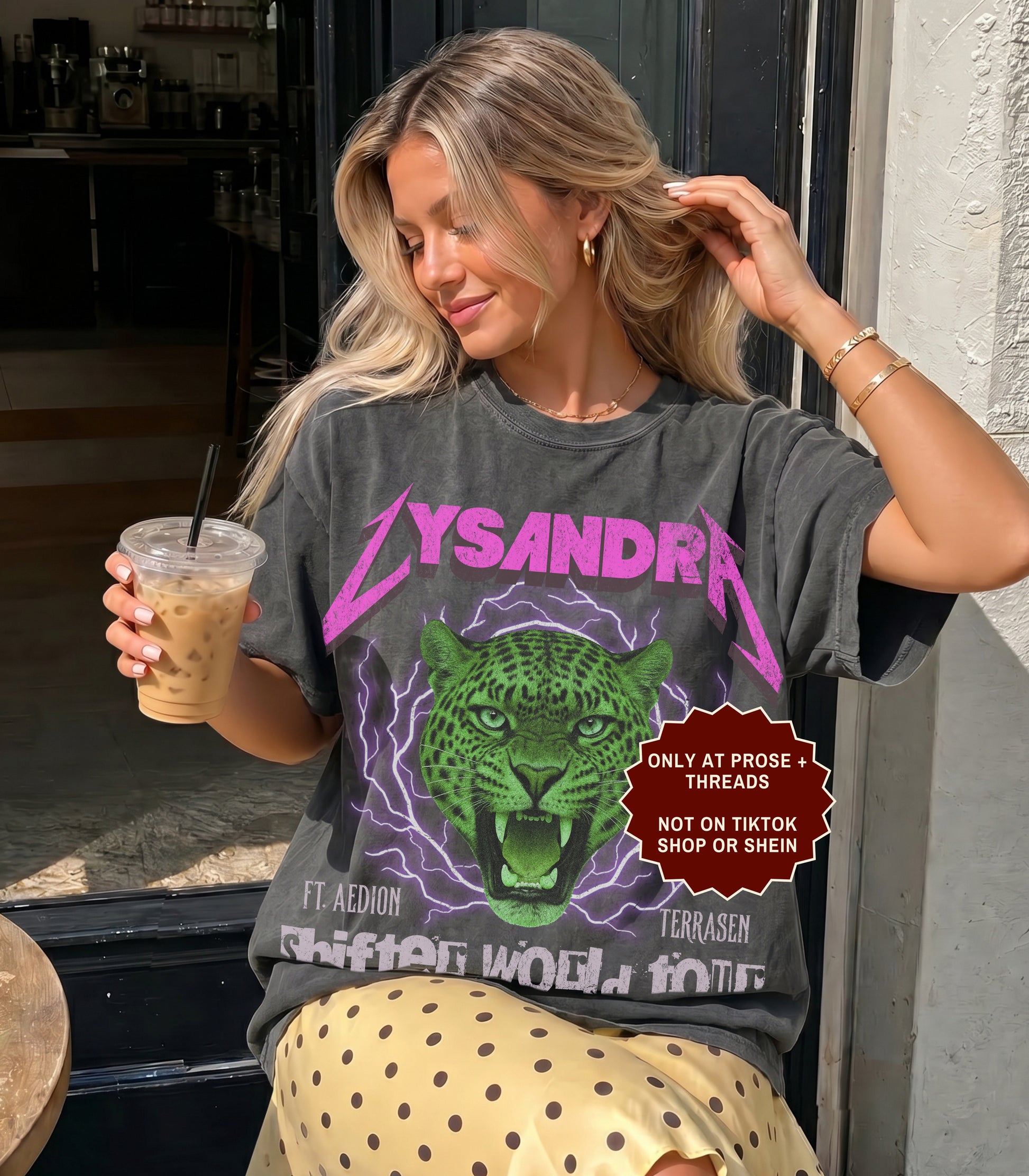 Lysandra Ennar Throne of Glass graphic t-shirt featuring a fierce green feline fantasy design on charcoal gray apparel