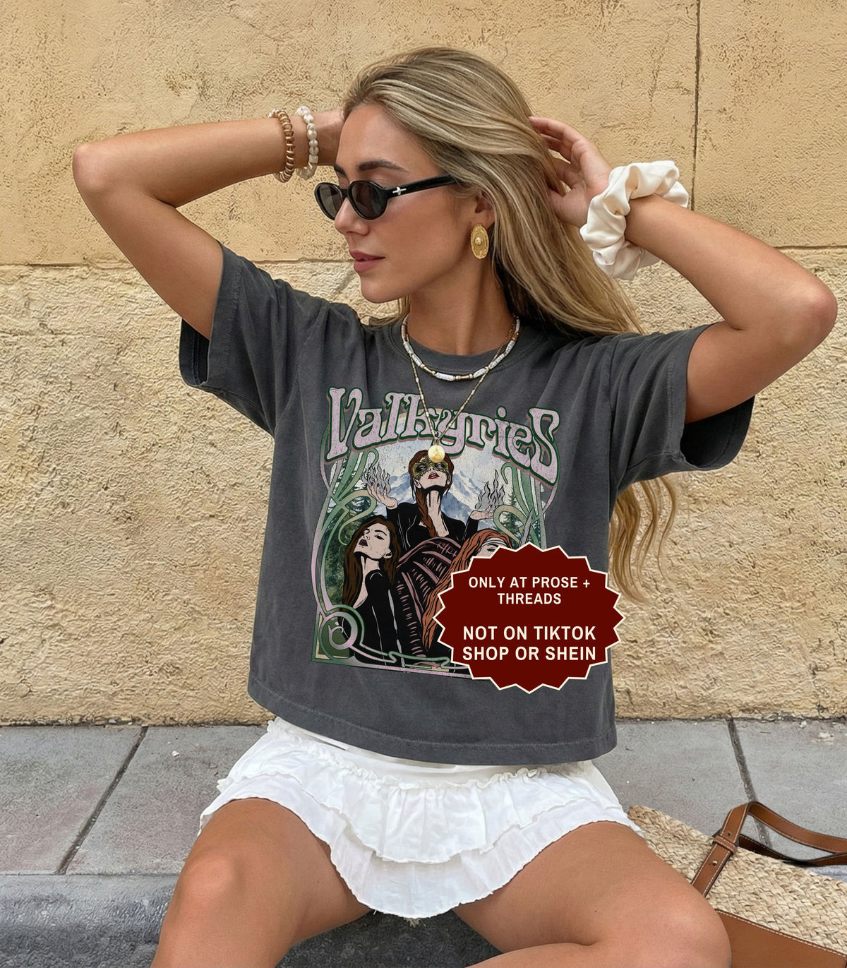 Valkyries boxy cropped T-shirt with vintage ACOTAR inspired graphic of three female warriors and green botanical artwork