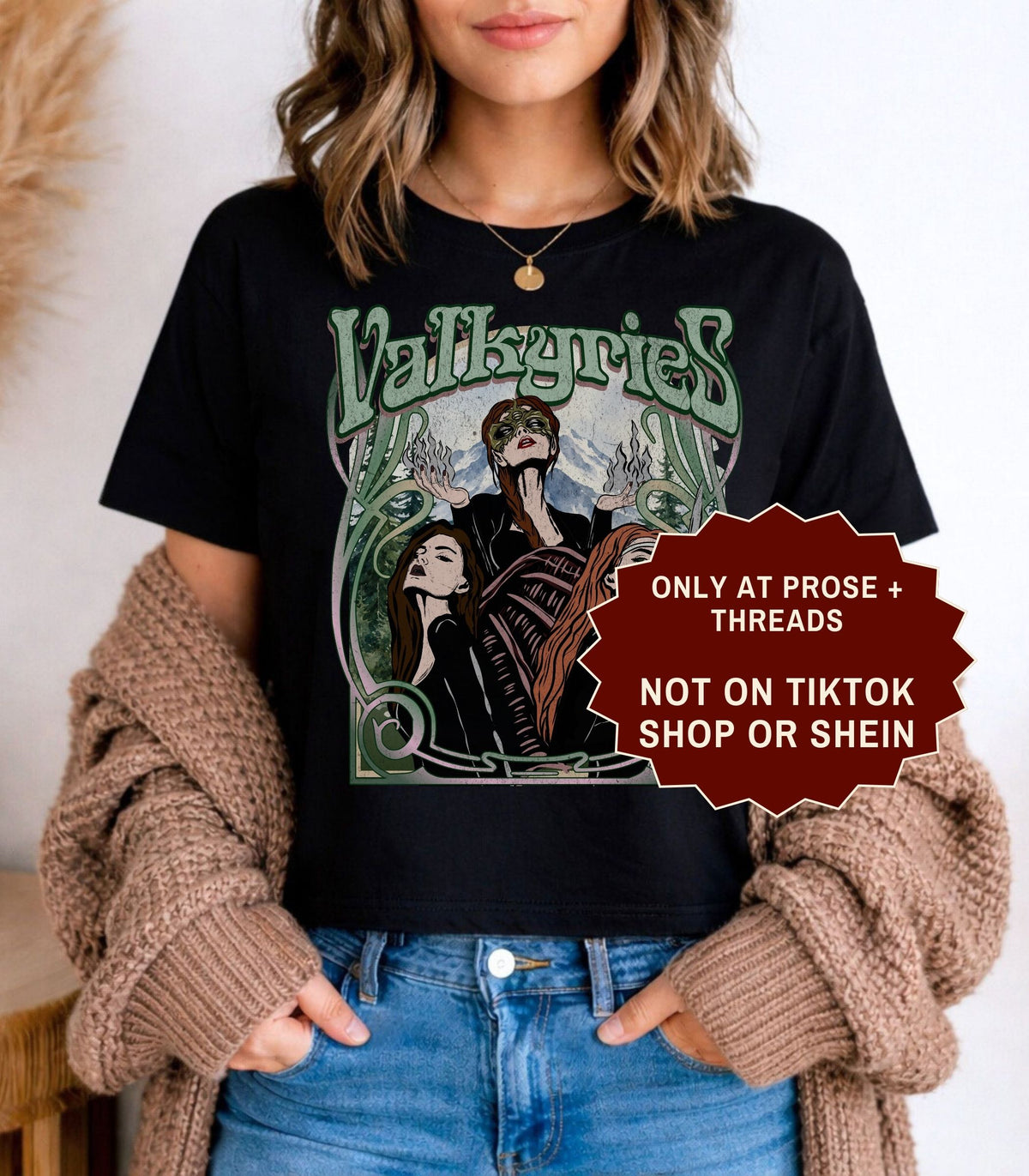 Valkyries boxy cropped T-shirt with vintage ACOTAR inspired graphic of three female warriors and green botanical artwork