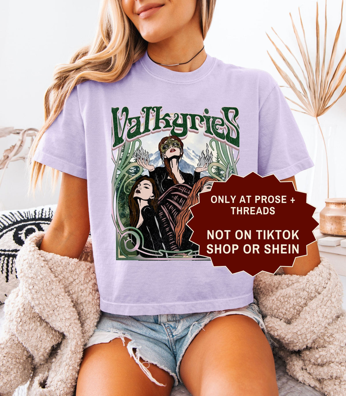 Valkyries boxy cropped T-shirt with vintage ACOTAR inspired graphic of three female warriors and green botanical artwork