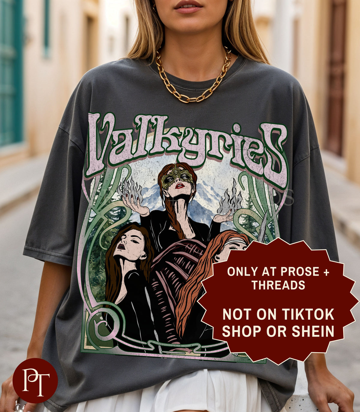 Valkyries sweatshirt with vintage ACOTAR inspired artwork featuring three female warriors surrounded by green botanical details
