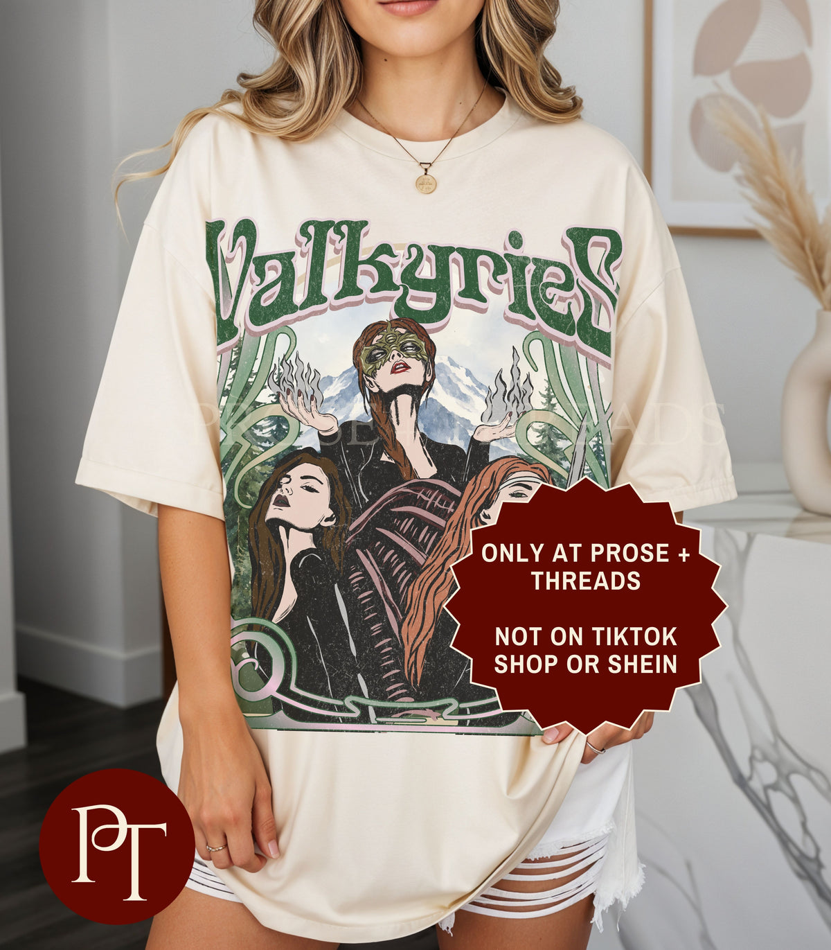 Valkyries sweatshirt with vintage ACOTAR inspired artwork featuring three female warriors surrounded by green botanical details