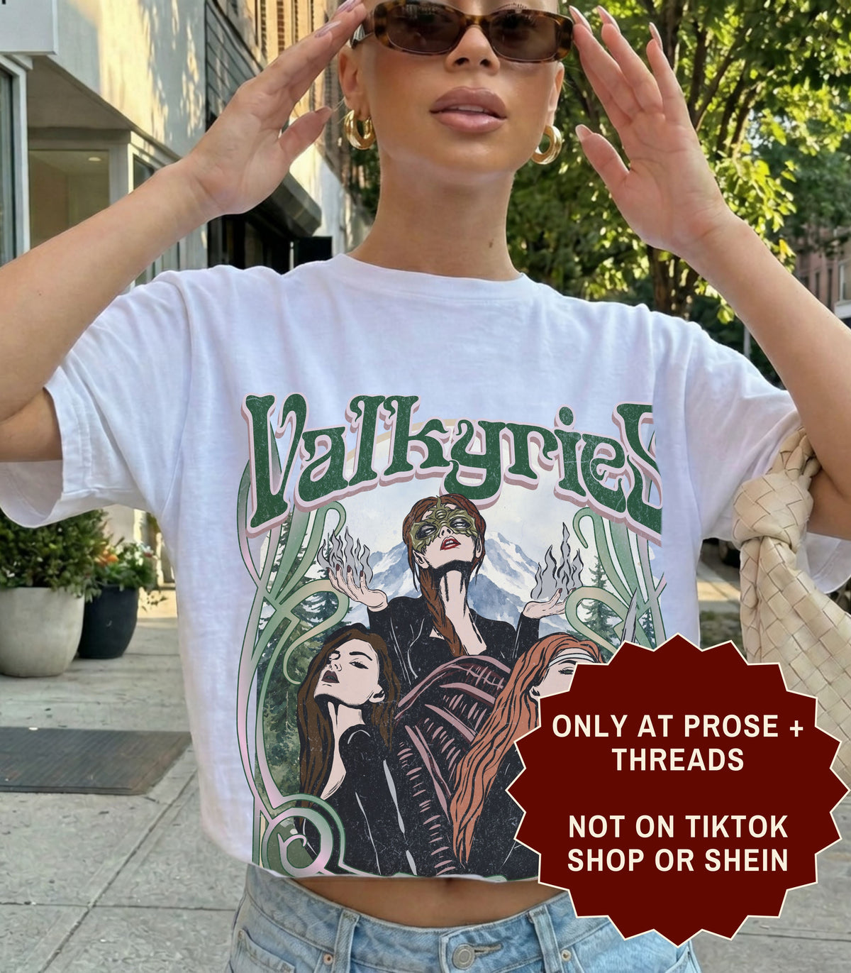 Valkyries sweatshirt with vintage ACOTAR inspired artwork featuring three female warriors surrounded by green botanical details