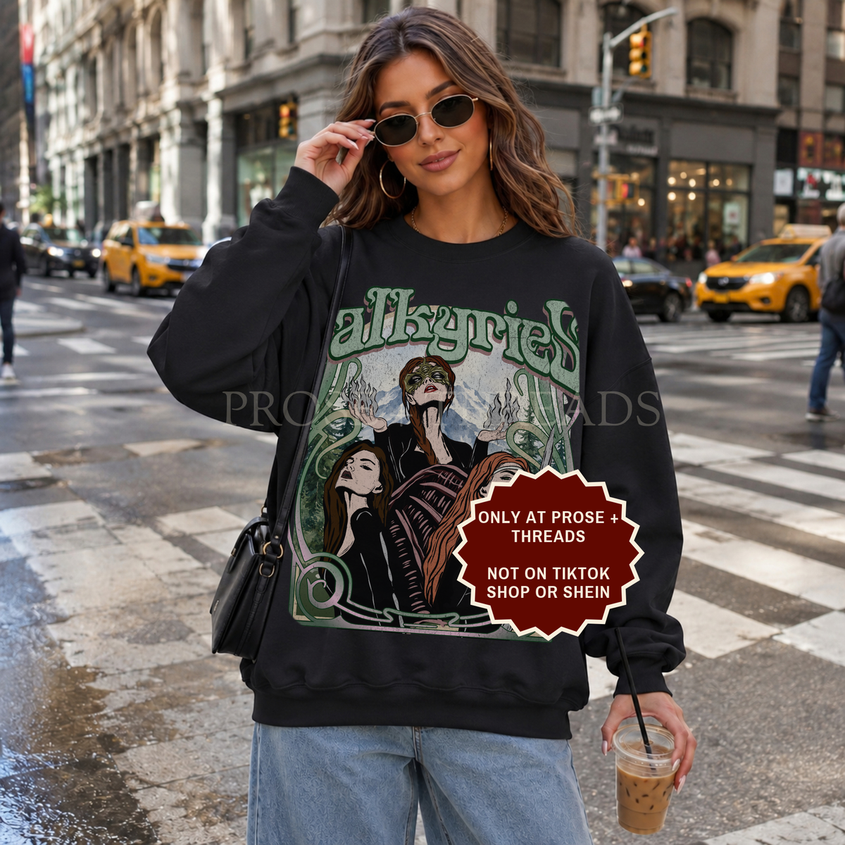 Valkyries sweatshirt with vintage ACOTAR inspired artwork featuring three female warriors surrounded by green botanical details