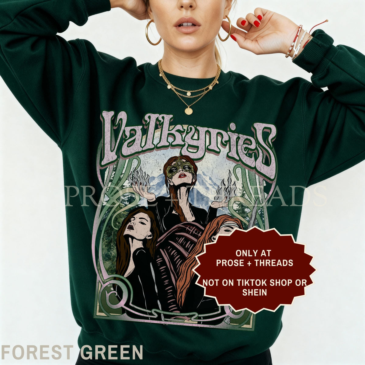 Valkyries sweatshirt with vintage ACOTAR inspired artwork featuring three female warriors surrounded by green botanical details