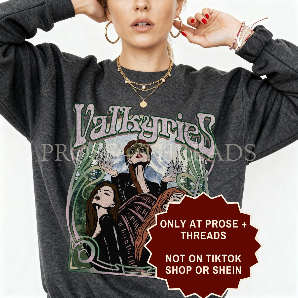 Valkyries sweatshirt with vintage ACOTAR inspired artwork featuring three female warriors surrounded by green botanical details