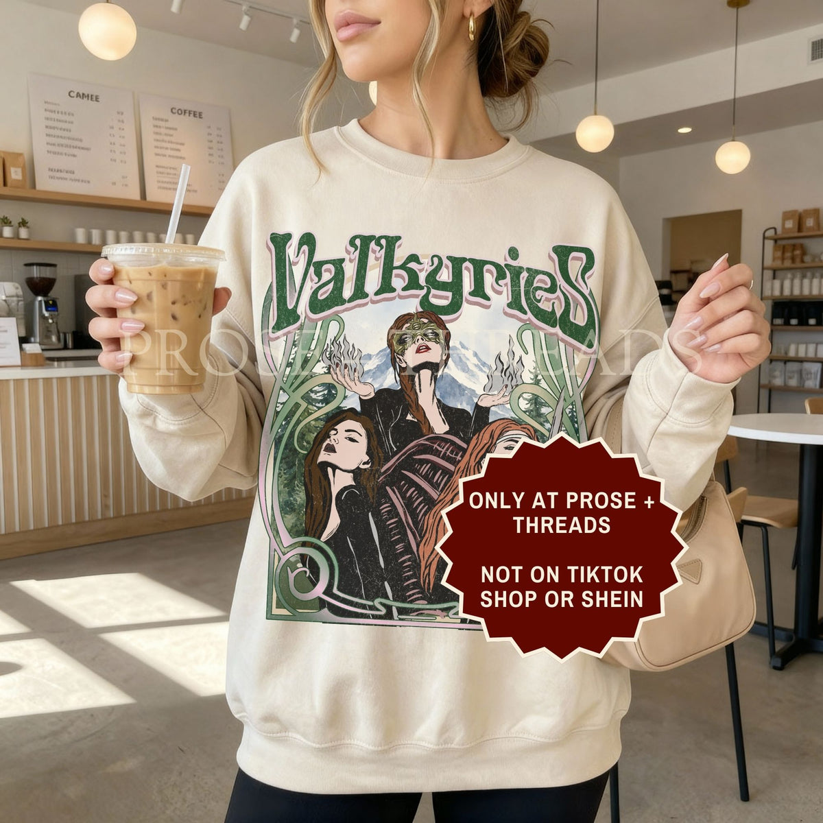 Valkyries sweatshirt with vintage ACOTAR inspired artwork featuring three female warriors surrounded by green botanical details