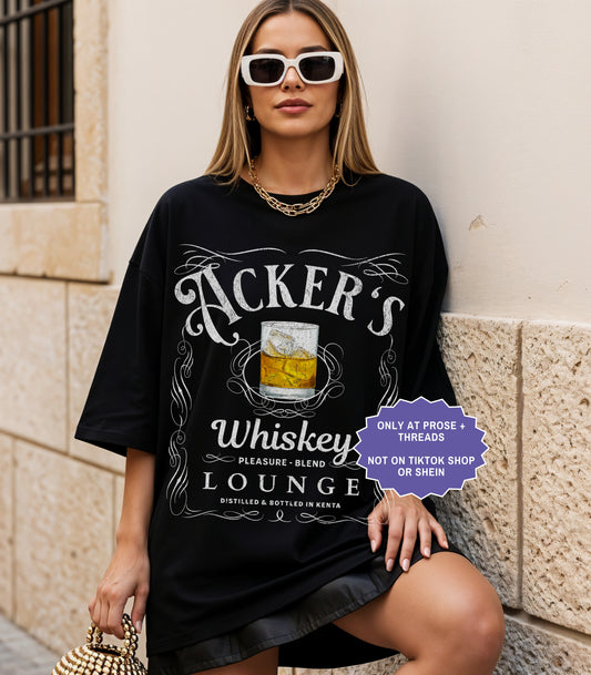 Dark fantasy romance shirt inspired by Metal Slinger featuring Acker’s Whiskey Lounge vintage tavern graphic with whiskey glass artwork