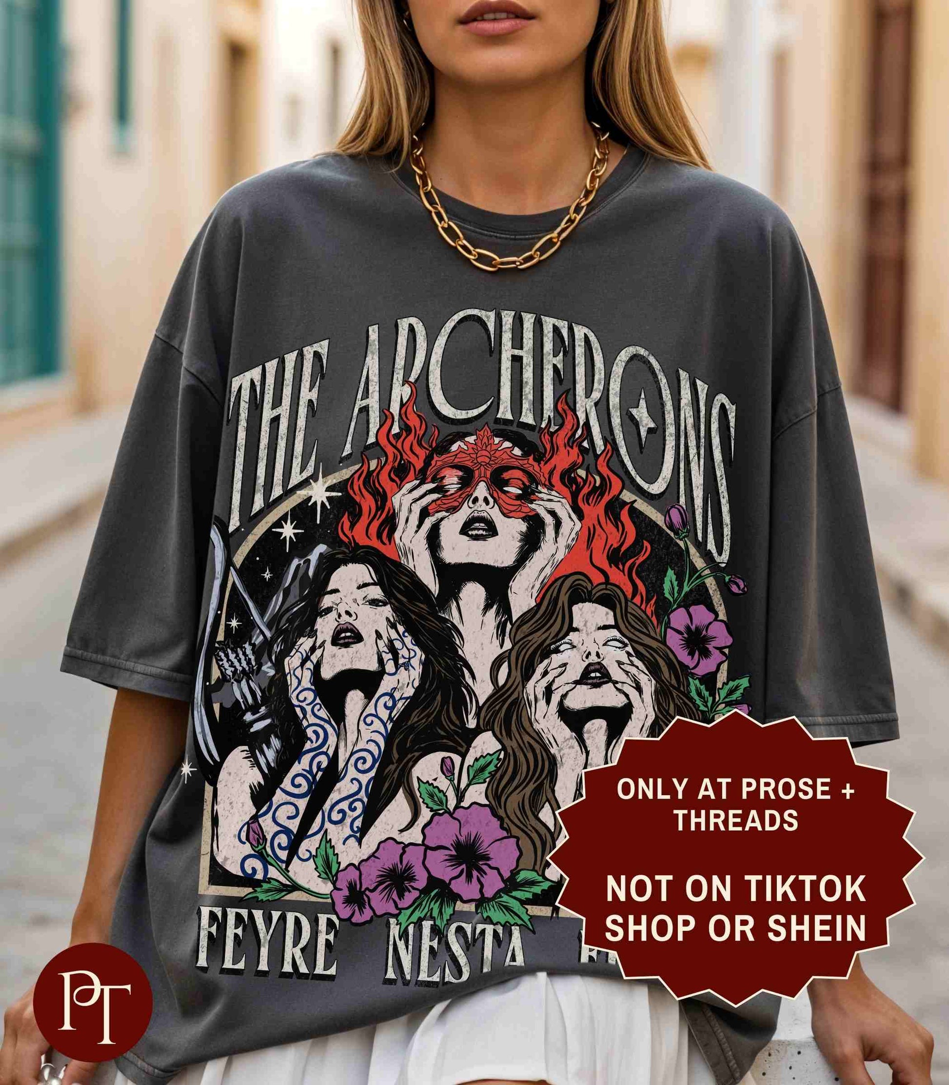 Archeron Sisters ACOTAR boxy tee featuring Feyre Nesta and Elain graphic design on a white relaxed fit t-shirt