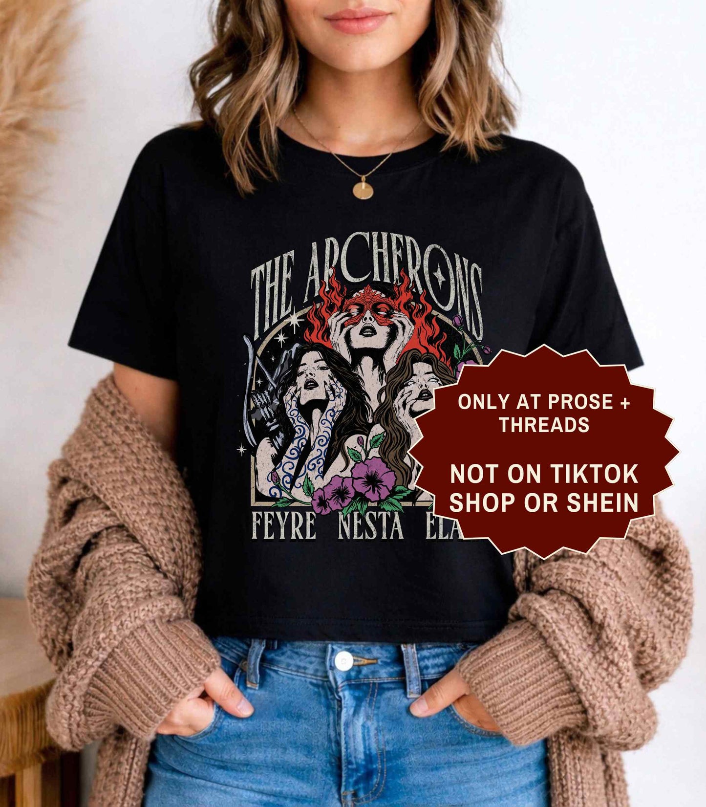 Archeron Sisters ACOTAR boxy tee featuring Feyre Nesta and Elain graphic design on a white relaxed fit t-shirt