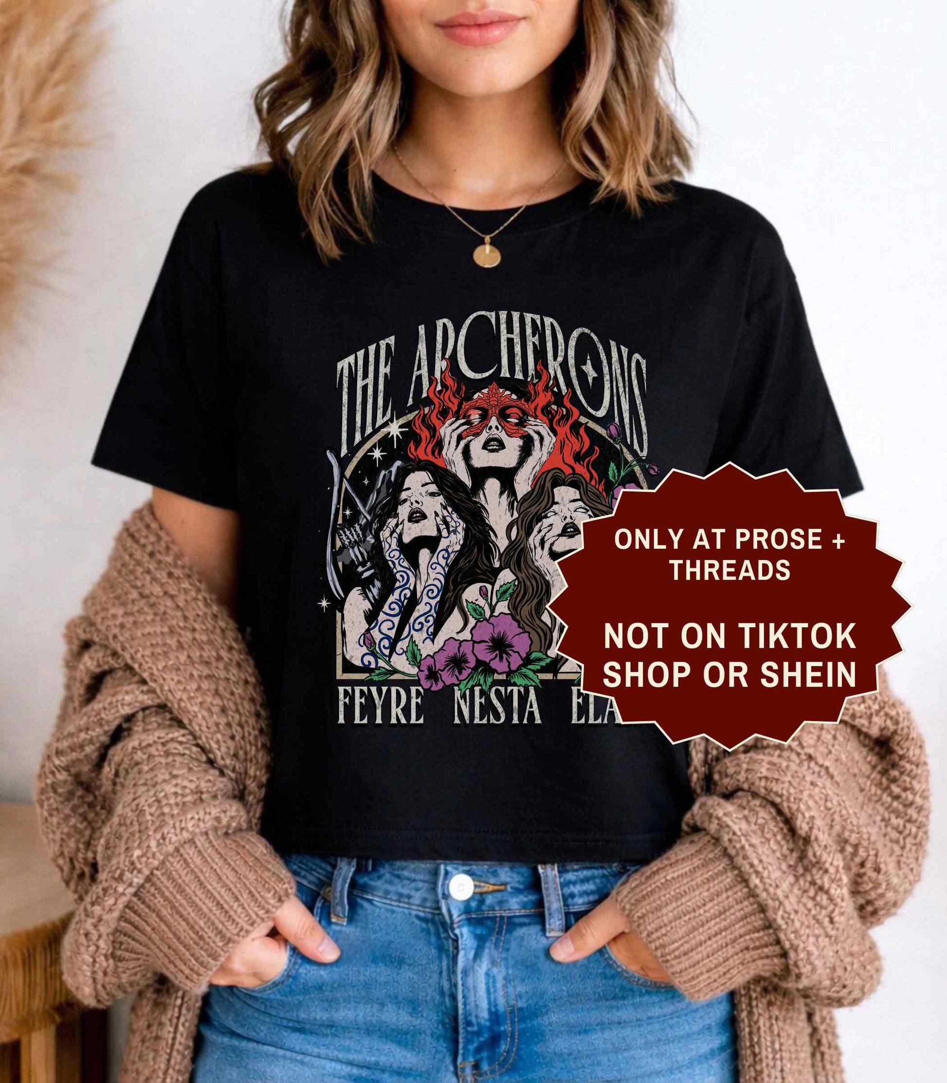 Archeron Sisters ACOTAR boxy tee featuring Feyre Nesta and Elain graphic design on a white relaxed fit t-shirt