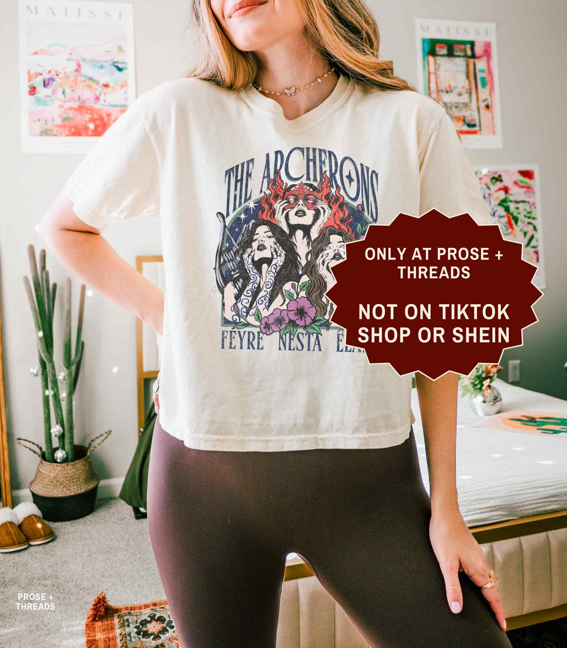 Archeron Sisters ACOTAR boxy tee featuring Feyre Nesta and Elain graphic design on a white relaxed fit t-shirt