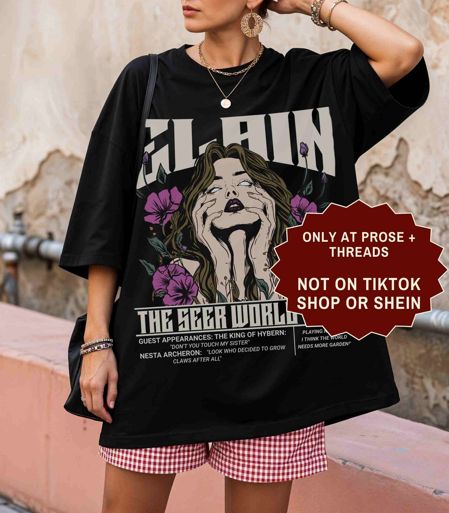 Elain The Seer World Tour ACOTAR graphic t-shirt with vintage concert style artwork on a white unisex tee
