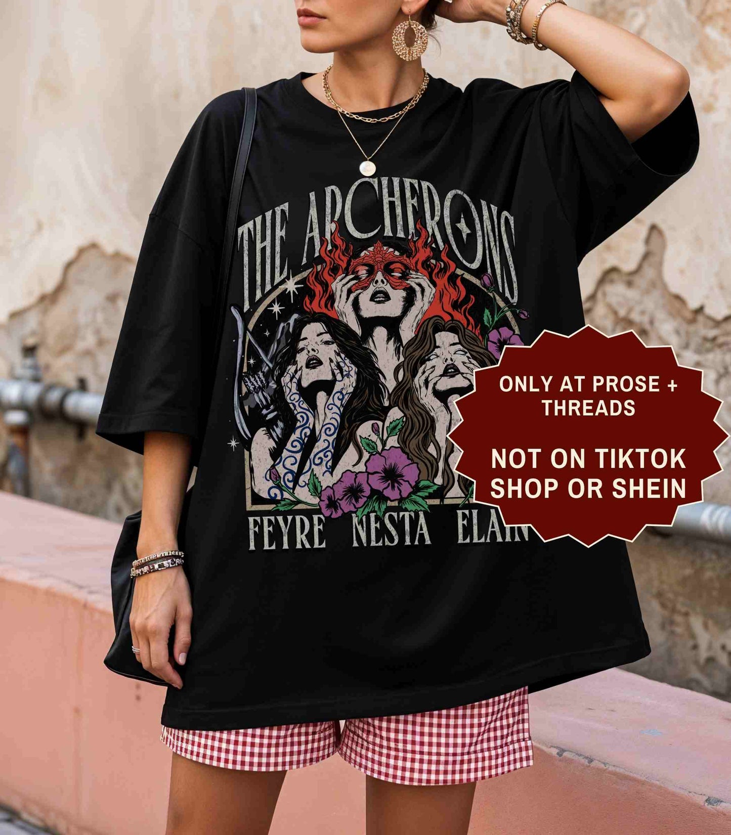 Archeron Sisters ACOTAR boxy tee featuring Feyre Nesta and Elain graphic design on a white relaxed fit t-shirt