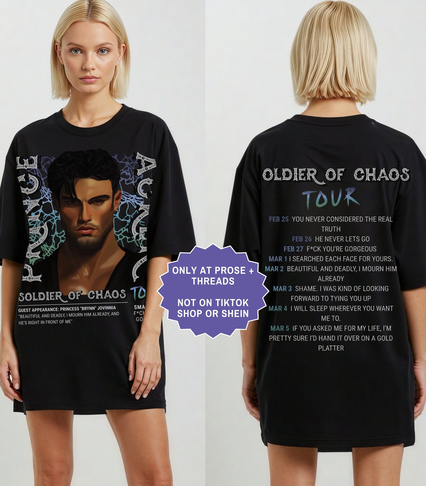 Acker Soldier of Chaos tour shirt front and back mockup inspired by Metal Slinger by Rachel Schneider on oversized black fantasy romance graphic tee