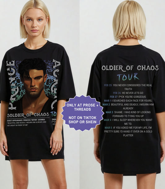 Acker Soldier of Chaos tour shirt front and back mockup inspired by Metal Slinger by Rachel Schneider on oversized black fantasy romance graphic tee