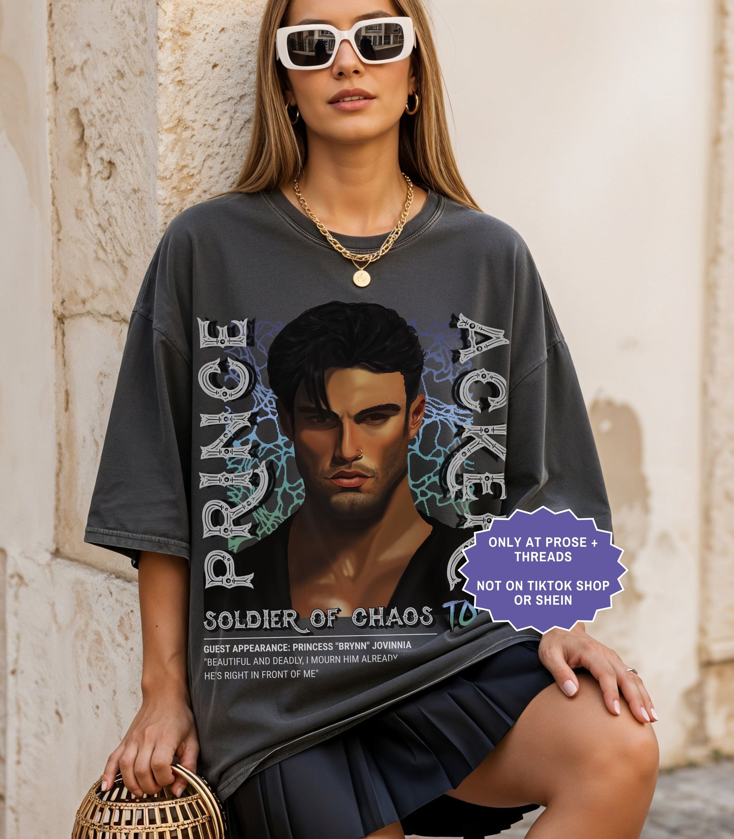 Acker Soldier of Chaos tour shirt front and back mockup inspired by Metal Slinger by Rachel Schneider on oversized black fantasy romance graphic tee