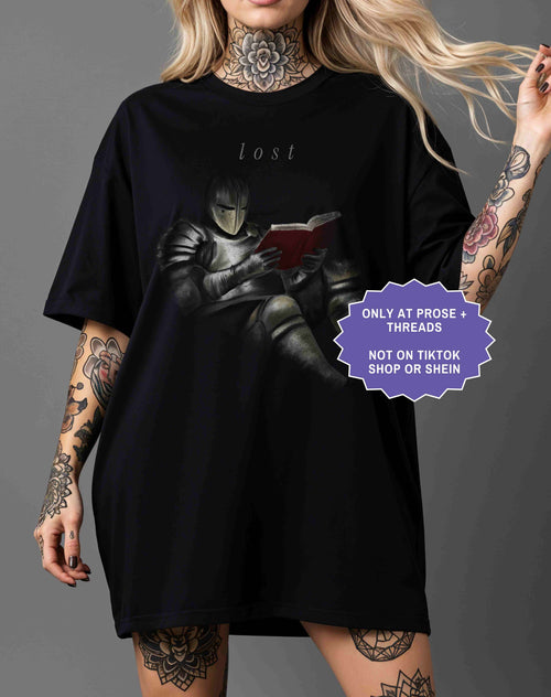 Book lover shirt with fantasy knight graphic, reading shirt for fantasy readers