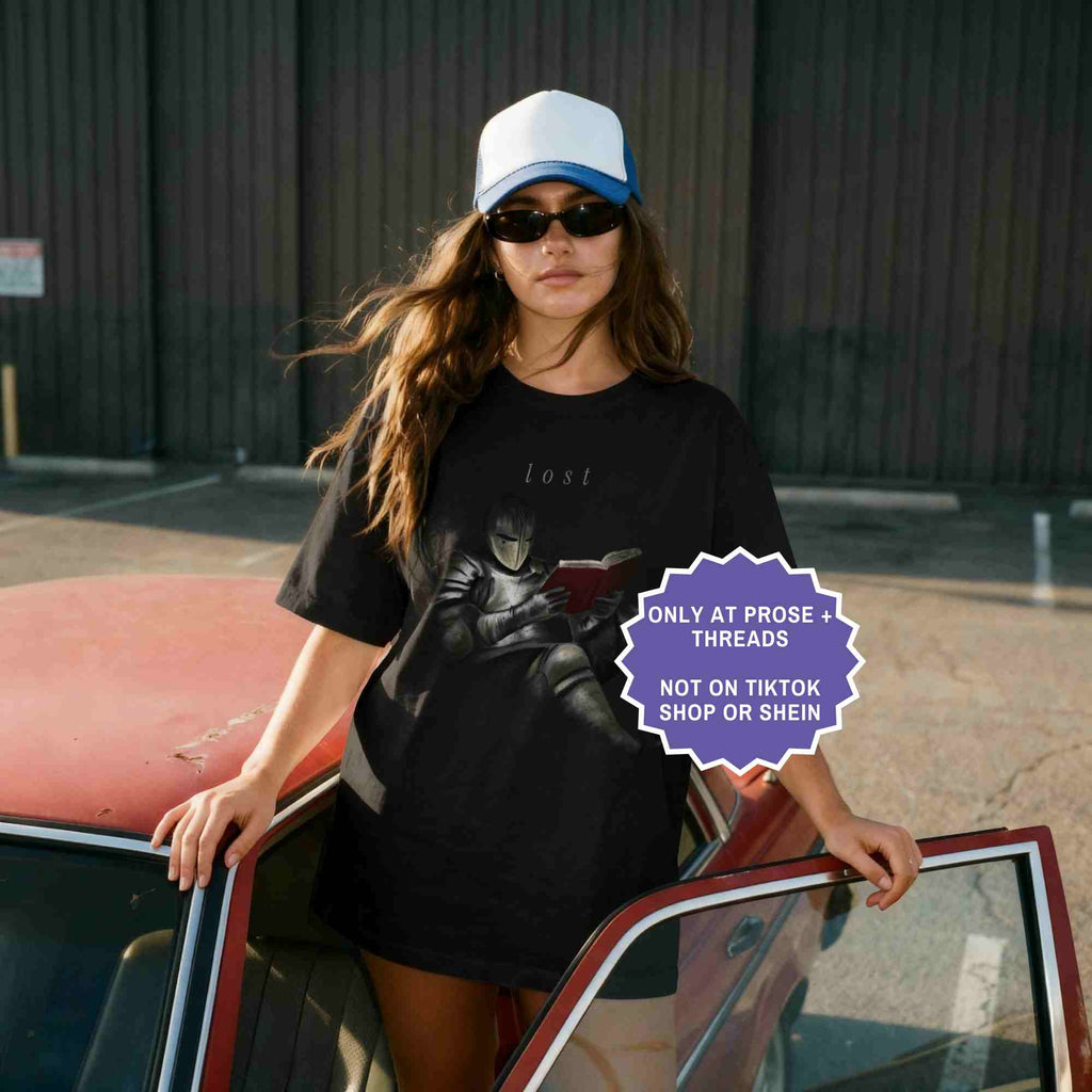 Book lover shirt with fantasy knight graphic, reading shirt for fantasy readers