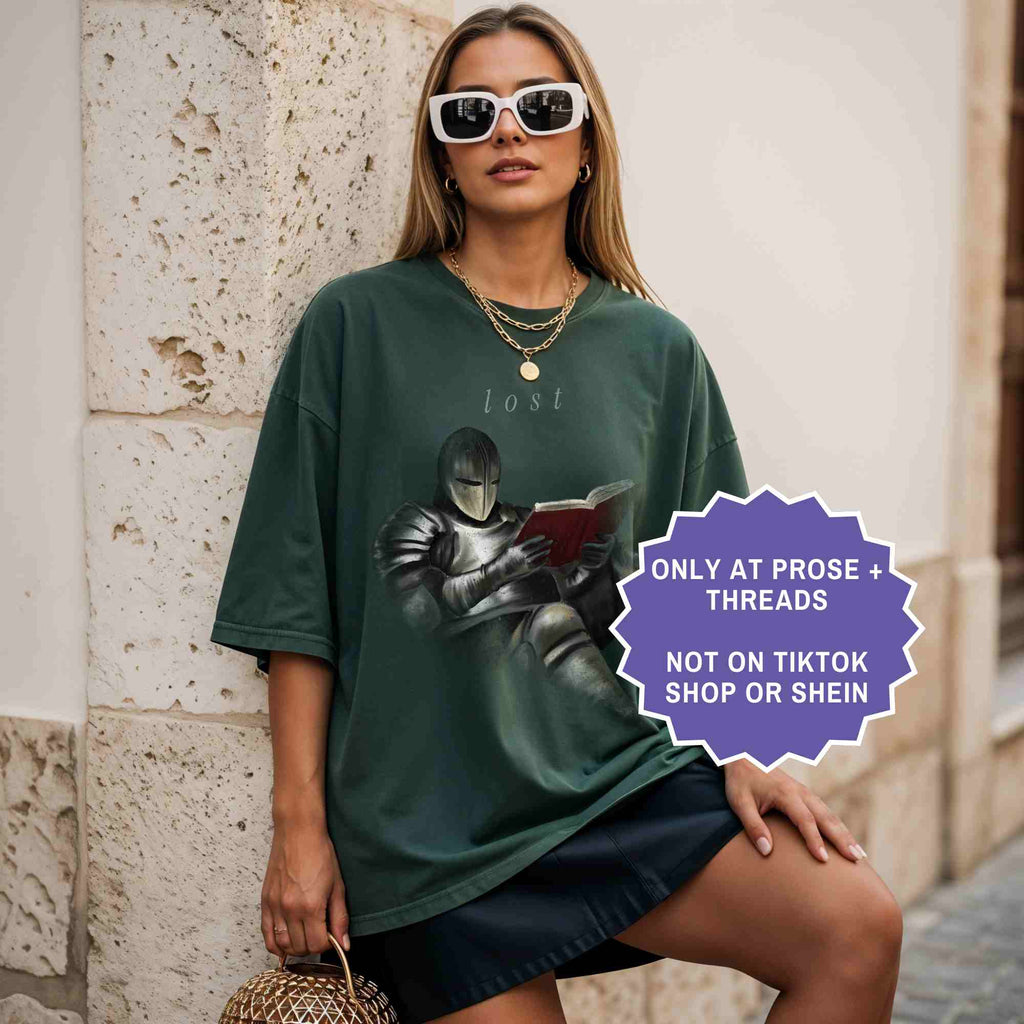Book lover shirt with fantasy knight graphic, reading shirt for fantasy readers