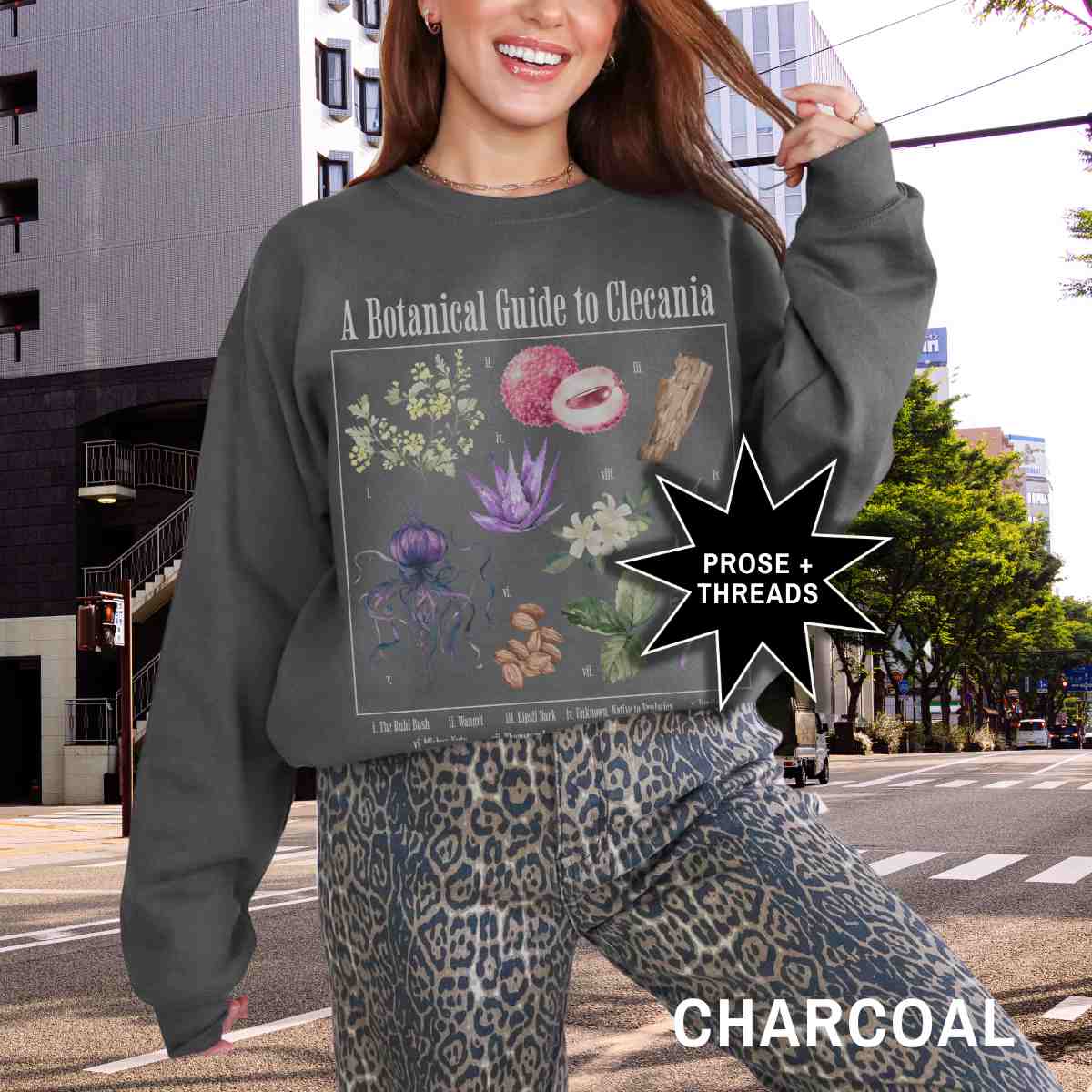 Cozy fantasy reader sweatshirt with celestial floral graphic