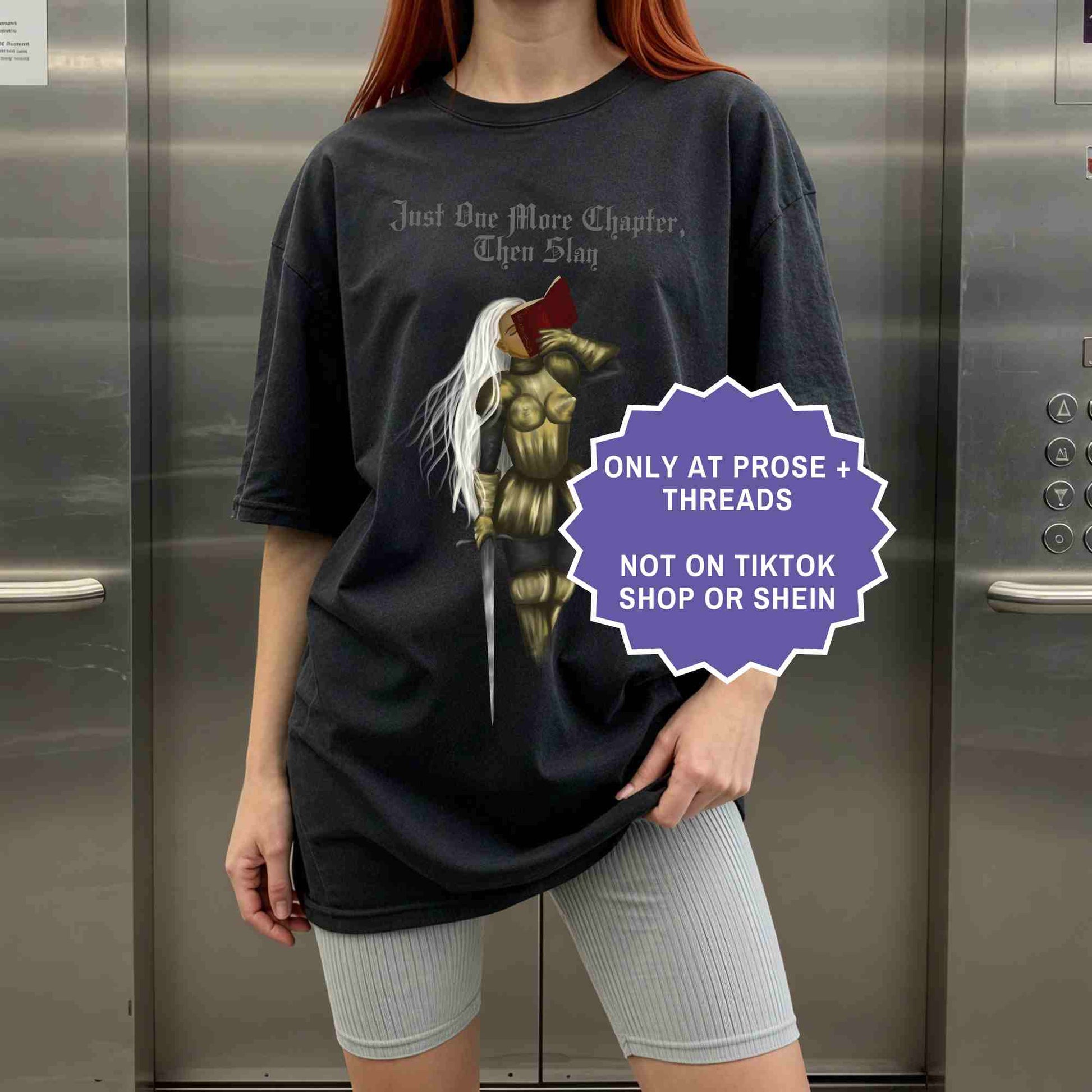 Just One More Chapter shirt with female knight fantasy design