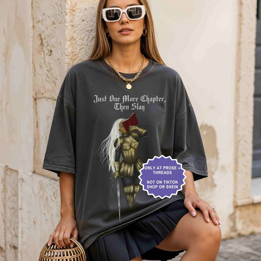 Just One More Chapter shirt with female knight fantasy design
