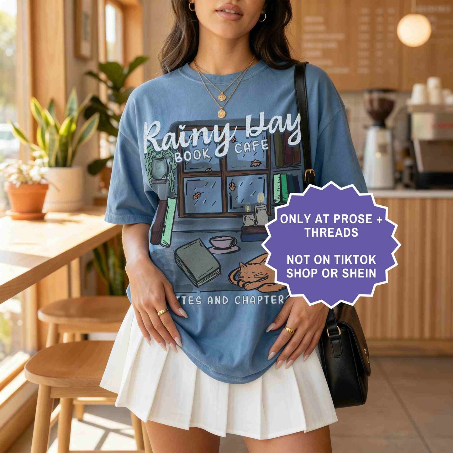 Rainy day book café tee for cozy readers. A soft, aesthetic shirt for book lovers who enjoy quiet, rainy reading days.