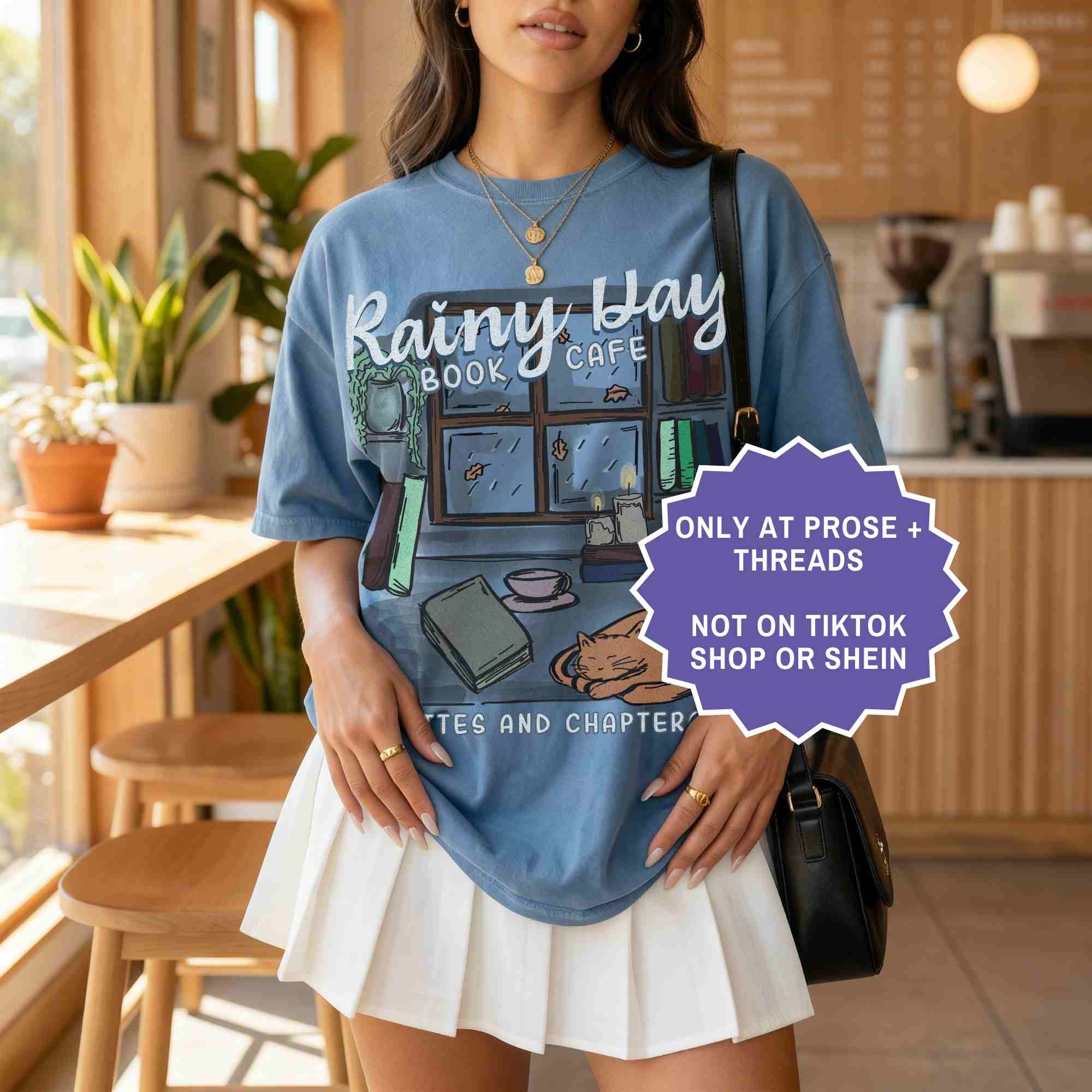 Rainy day book café tee for cozy readers. A soft, aesthetic shirt for book lovers who enjoy quiet, rainy reading days.