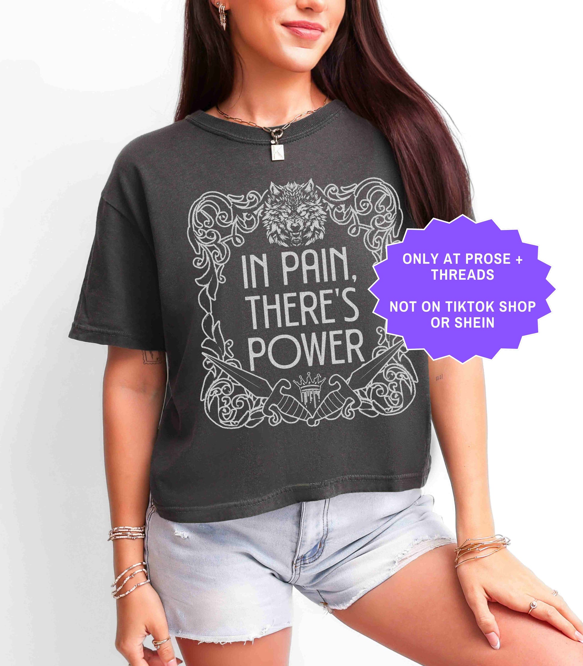 Vintage inspired romantasy reading shirt with In Pain There’s Power quote