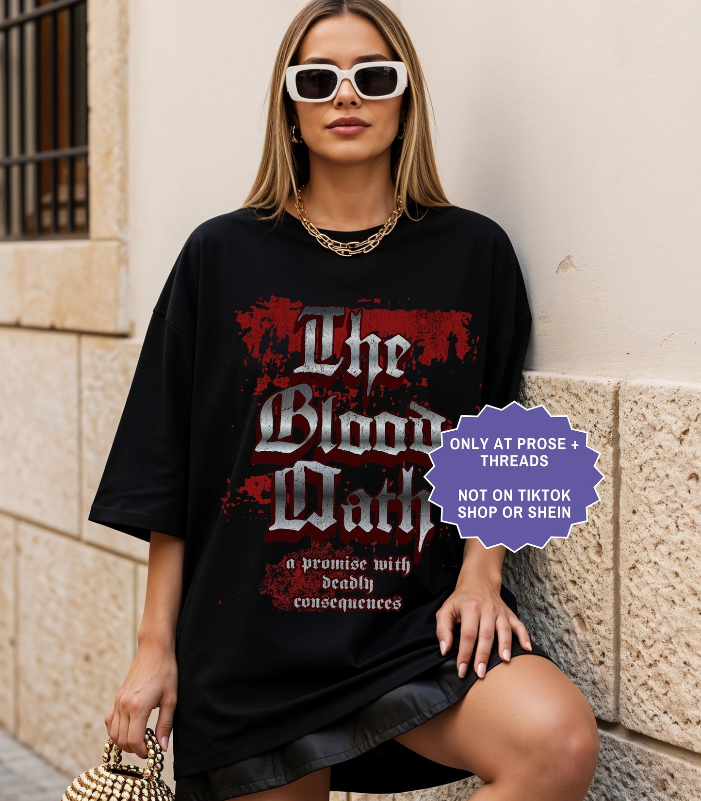 Black fantasy romance shirt inspired by Metal Slinger featuring gothic Blood Oath design with dark romantasy typography and distressed aesthetic
