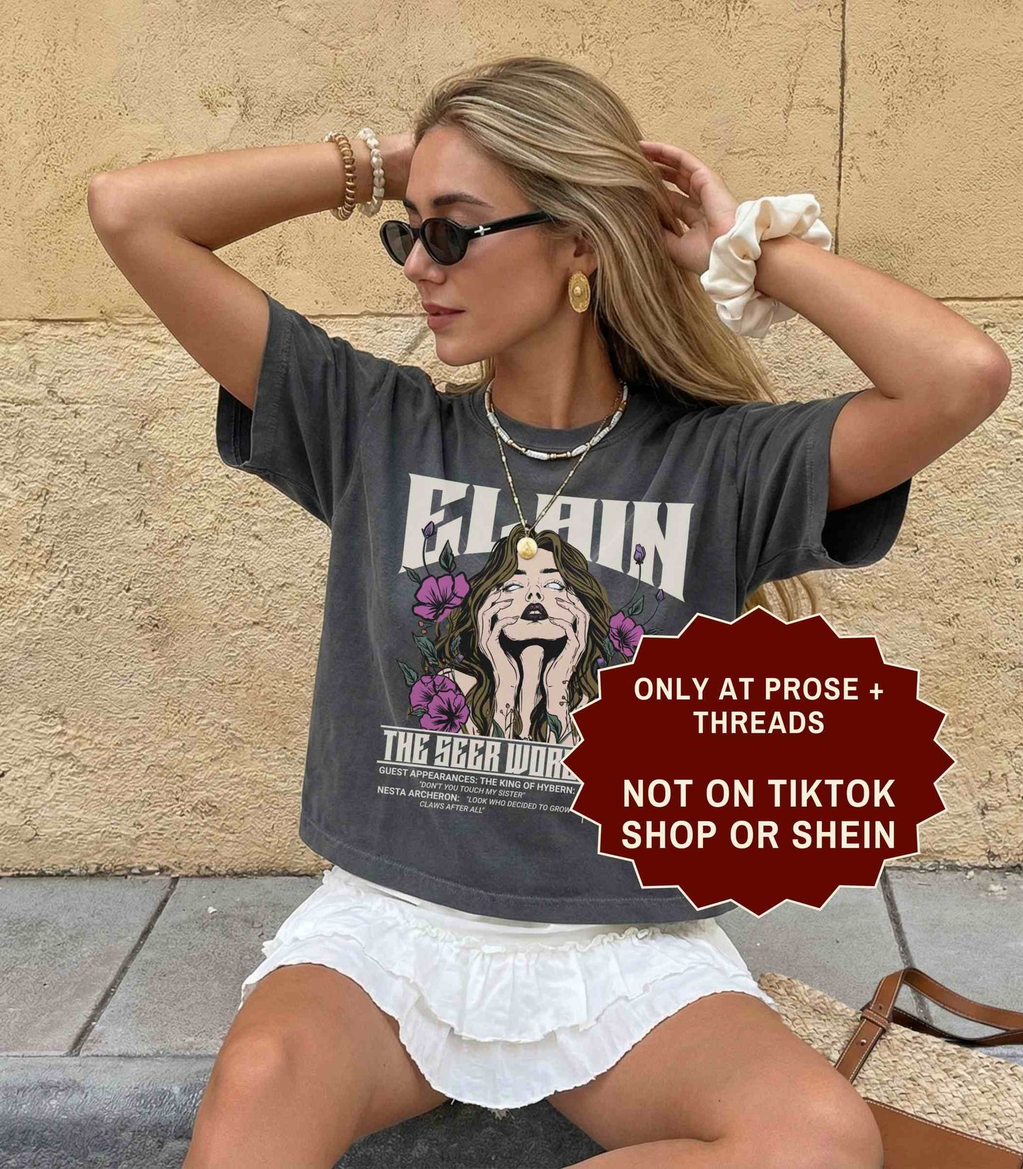 Elain The Seer World Tour ACOTAR boxy tee with vintage concert graphic on a white relaxed fit t-shirt