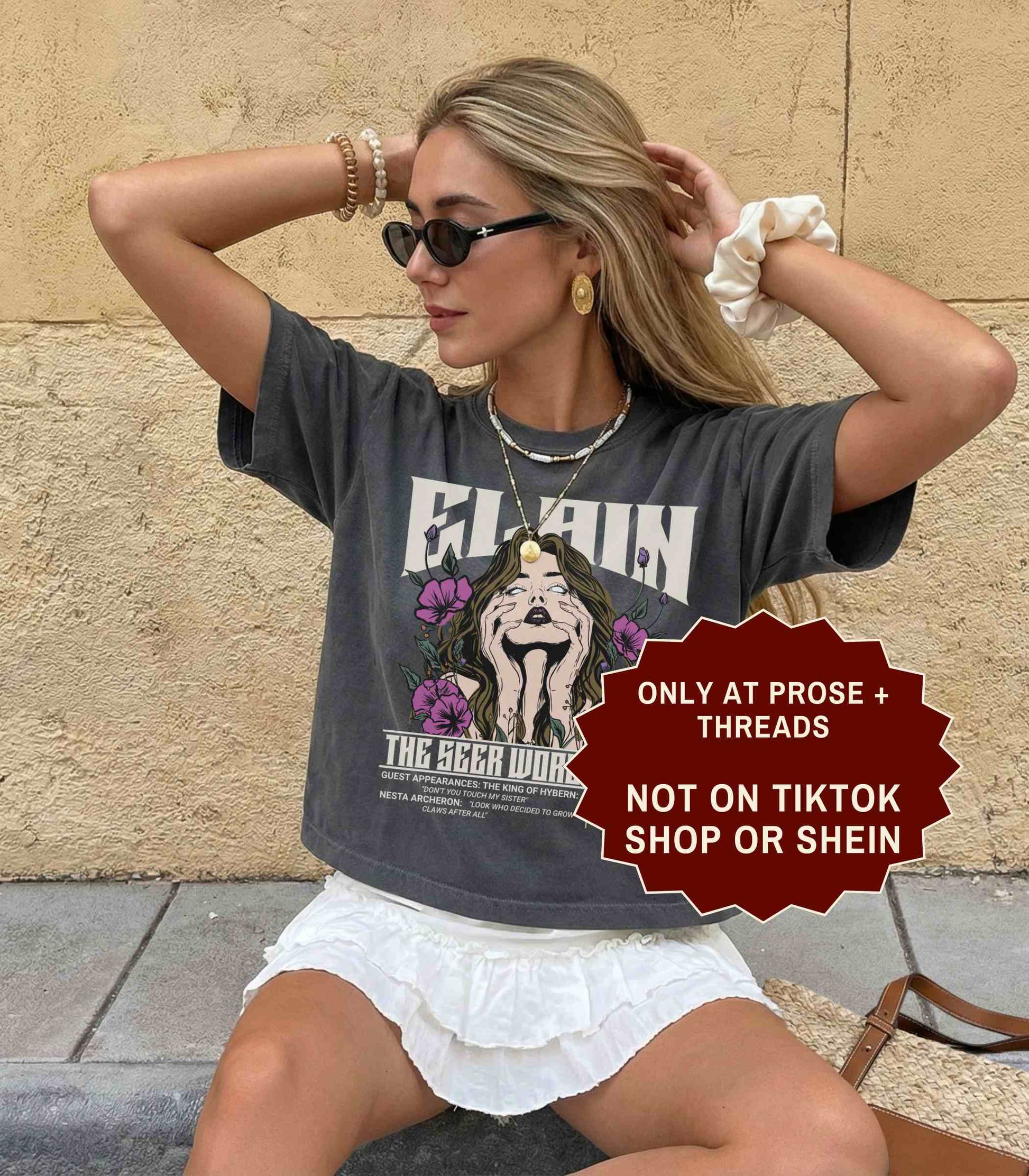Elain The Seer World Tour ACOTAR boxy tee with vintage concert graphic on a white relaxed fit t-shirt