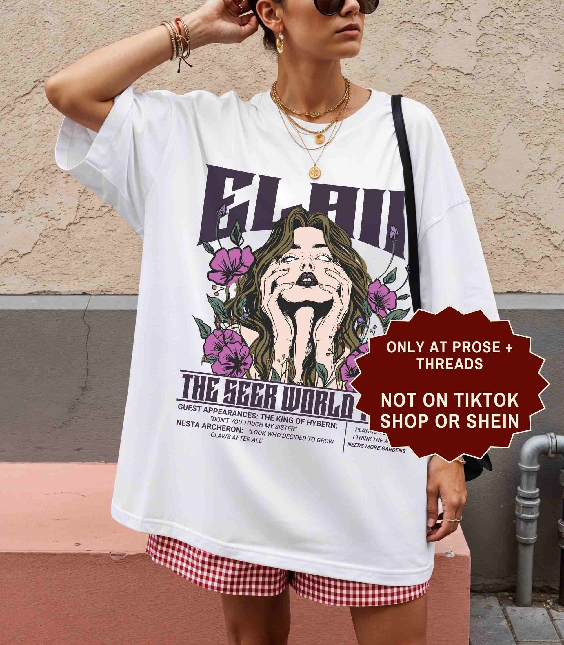 Elain The Seer World Tour ACOTAR graphic t-shirt with vintage concert style artwork on a white unisex tee