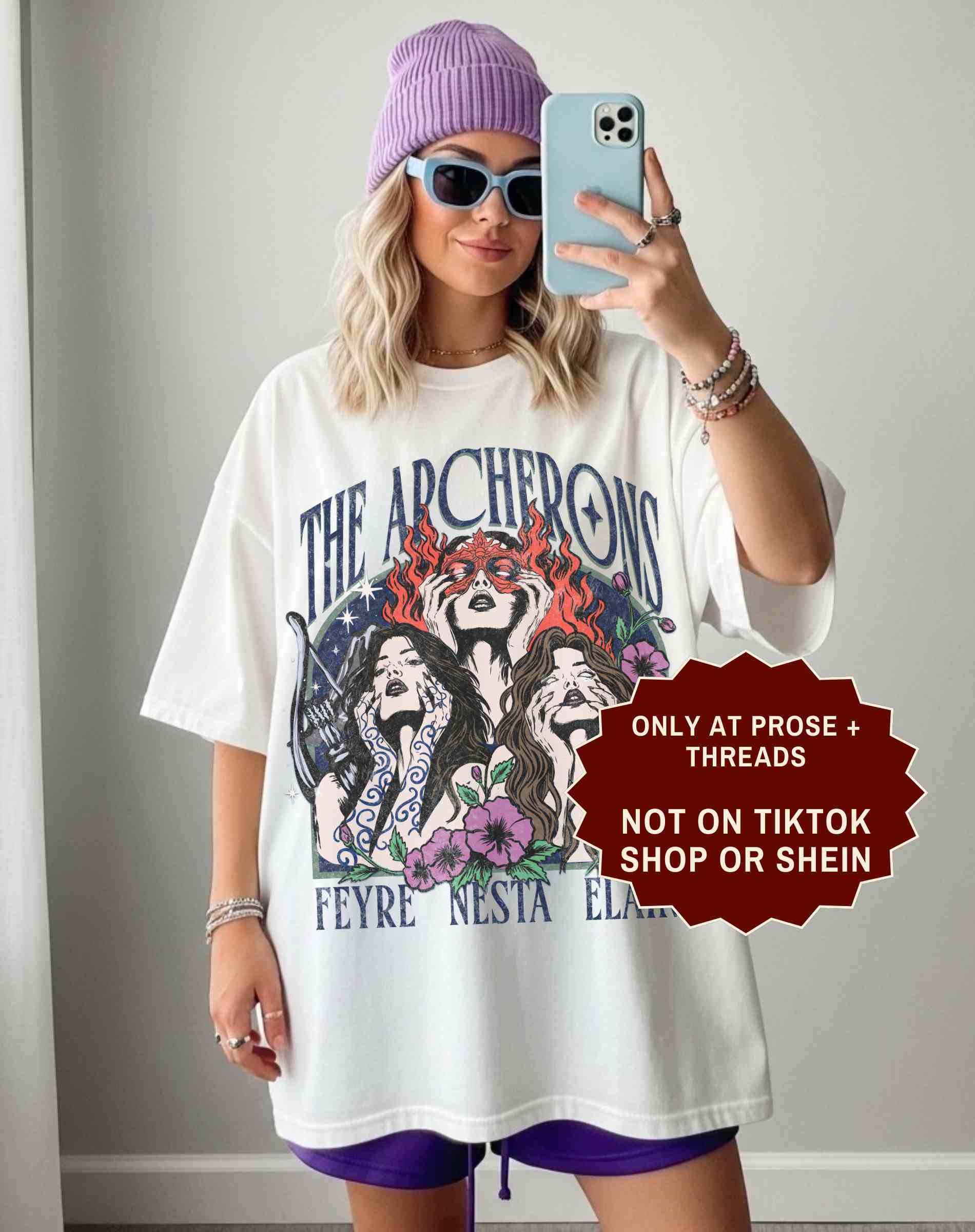 Archeron Sisters ACOTAR boxy tee featuring Feyre Nesta and Elain graphic design on a white relaxed fit t-shirt