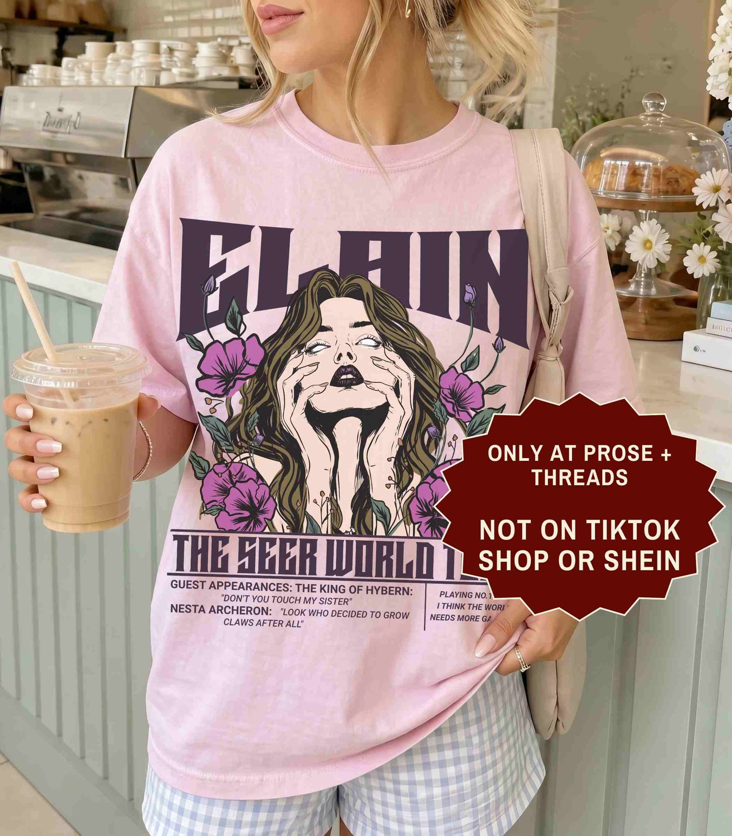 Elain The Seer World Tour ACOTAR graphic t-shirt with vintage concert style artwork on a white unisex tee