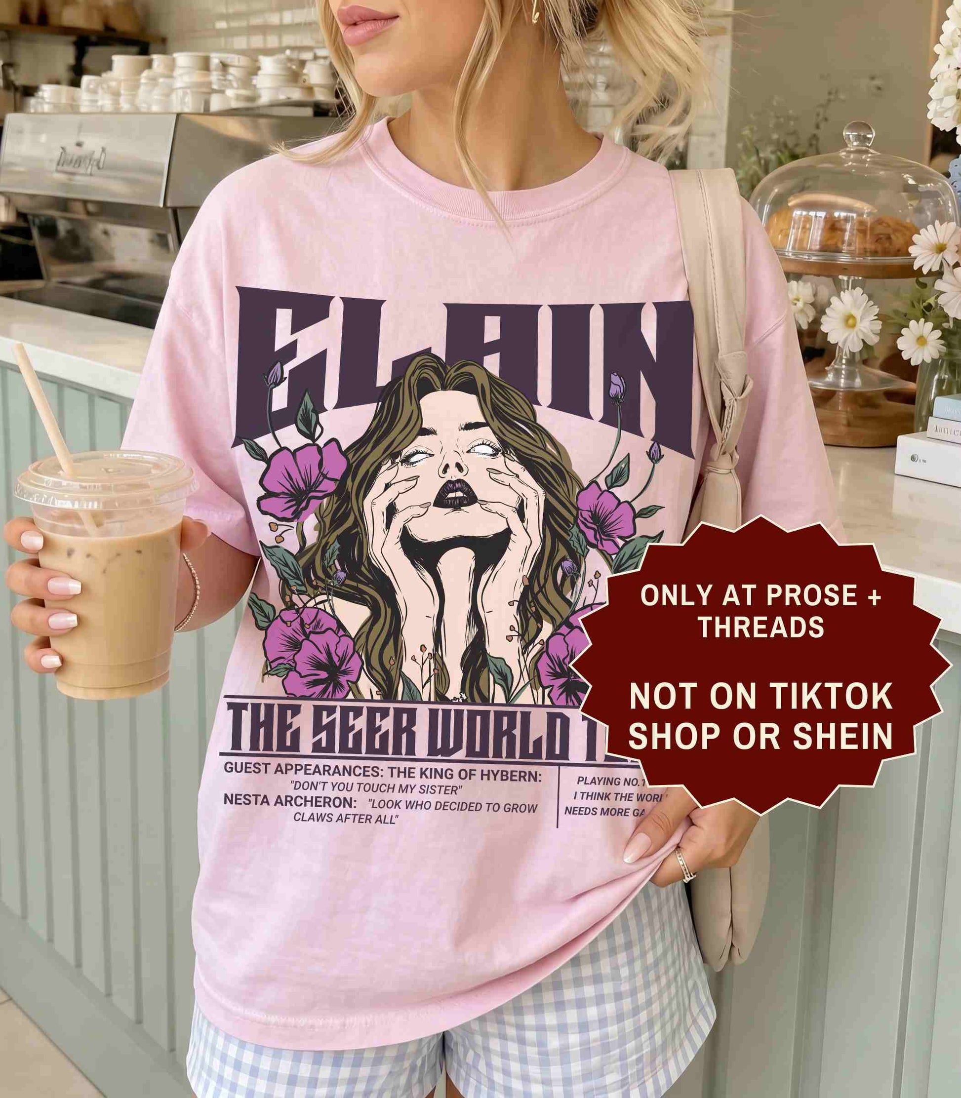 Elain The Seer World Tour ACOTAR graphic t-shirt with vintage concert style artwork on a white unisex tee